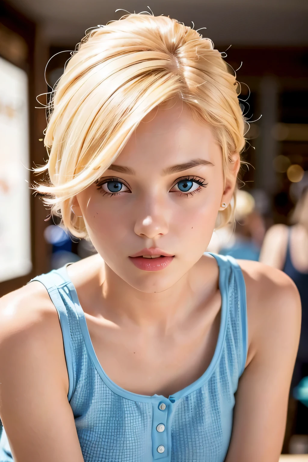 (best quality,8k,highres,realistic,ultra-realistic:1.2),blond girl,short hair,beautiful detailed eyes,beautiful detailed lips,natural beauty wearing shorts , shopping mall