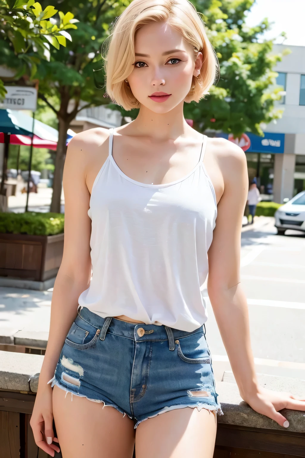 (best quality,8k,highres,realistic,ultra-realistic:1.2),blond girl,short hair,beautiful detailed eyes,beautiful detailed lips,natural beauty wearing shorts , shopping mall