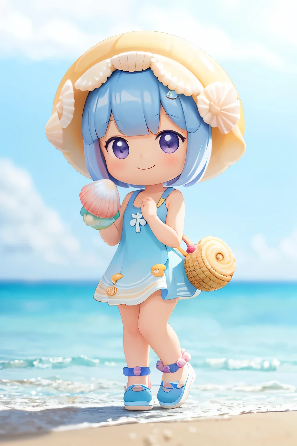 Photoreal、whole body、chibi girl、Seashell Accessories、smile、cute shoes、Picking up shells