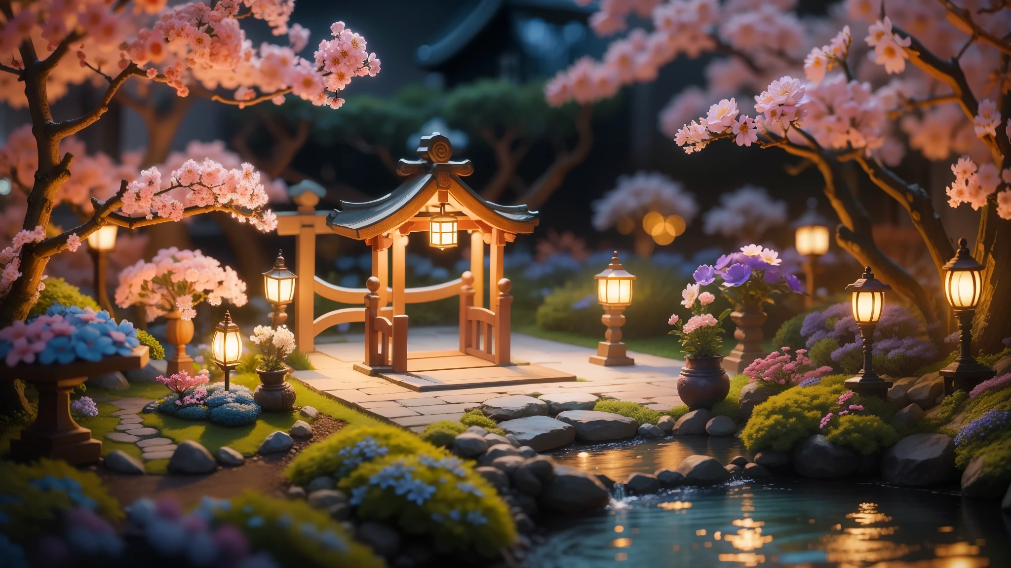 Magic garden miniature scene, delicate flowers、soft glowing branches、Illuminated by happy smiling miniatures. 8K Autorealist,Japanese garden、shrine、torii