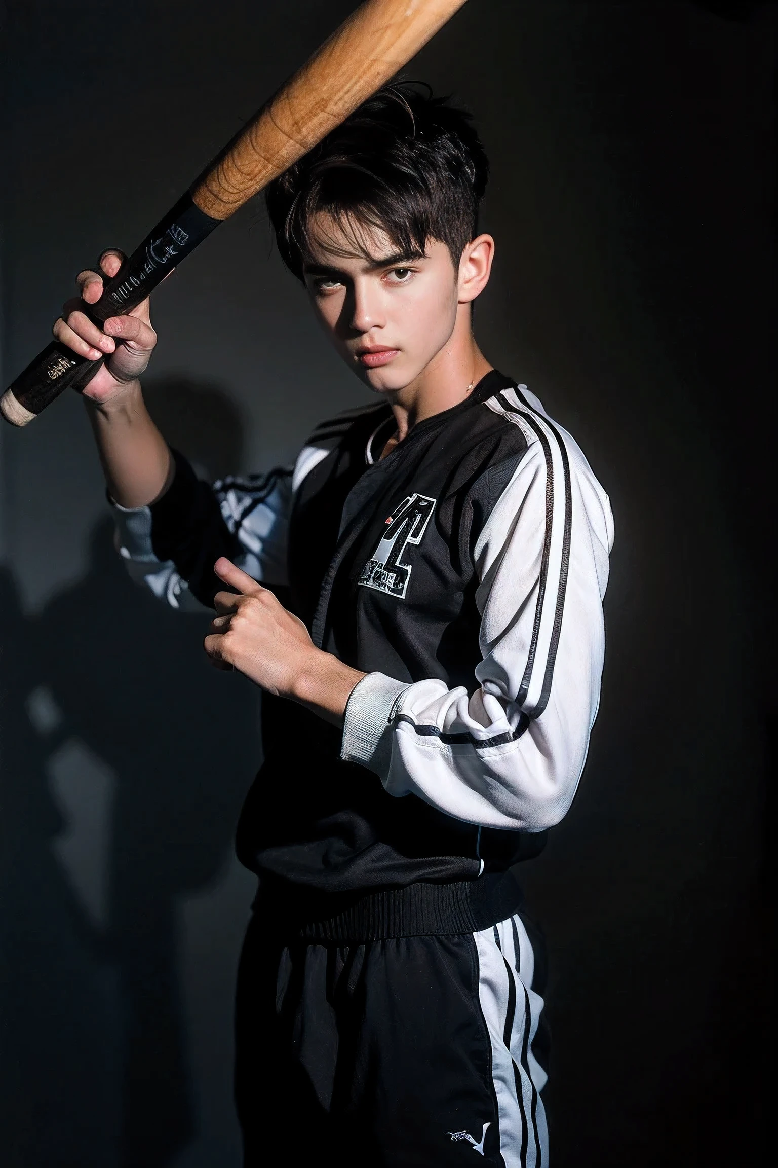 Realistic photography, 8k ,Handsome tomboy ,Hold a baseball bat.. , Wear a tracksuit..