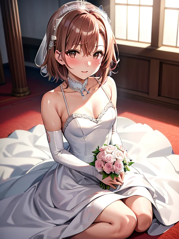 Misaka Mikoto、wedding dress, bridal gauntlets, bridal veil, wedding ring, bouquet、blush、short hair、small breasts、church、UHD, retina, masterpiece, ccurate, anatomically correct, textured skin, super detail, high details, high quality, best quality, highres, 4K
