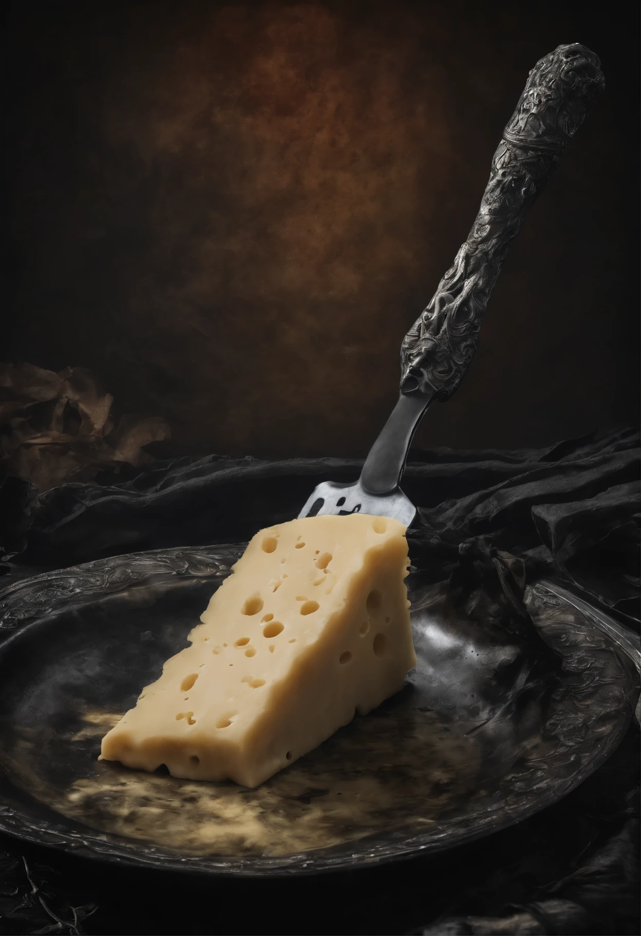 Angry piece of cheese going a pair of tongs