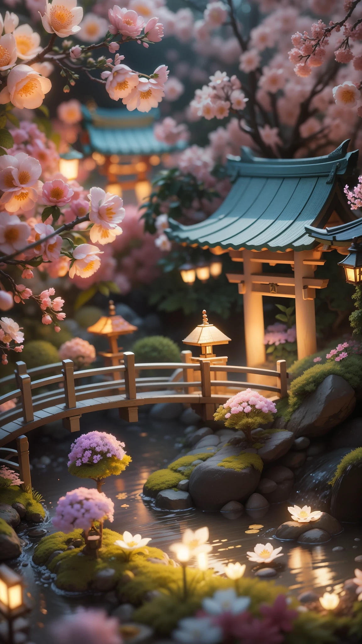 Magic garden miniature scene, delicate flowers、soft glowing branches、Illuminated by happy smiling miniatures. 8K Autorealist,Japanese garden、shrine、torii