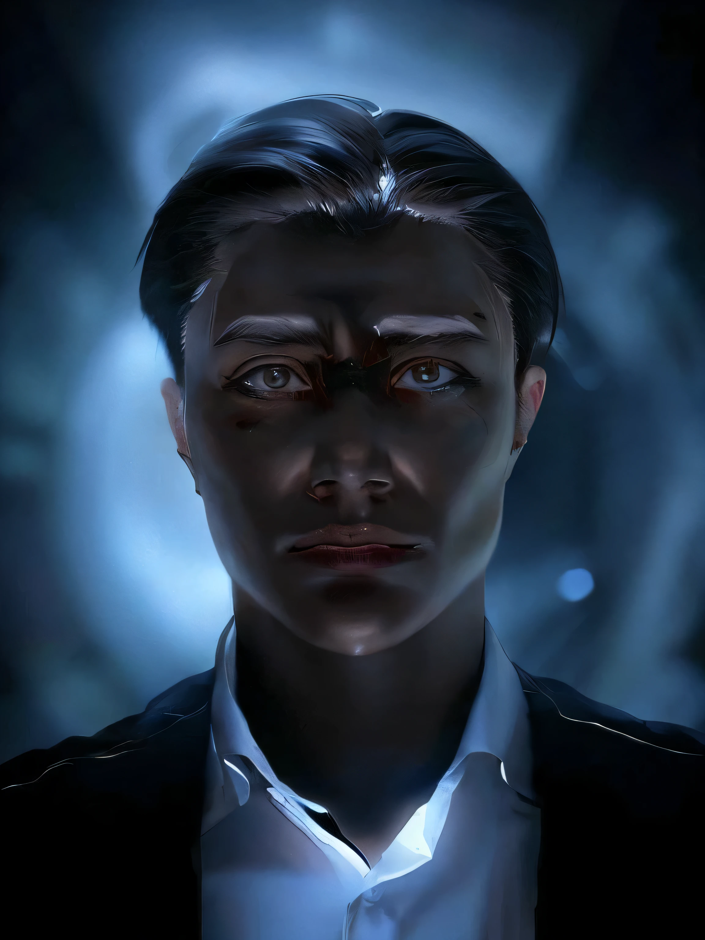 The right half of the face is a terminator、futuristic suit、Space-like atmosphere