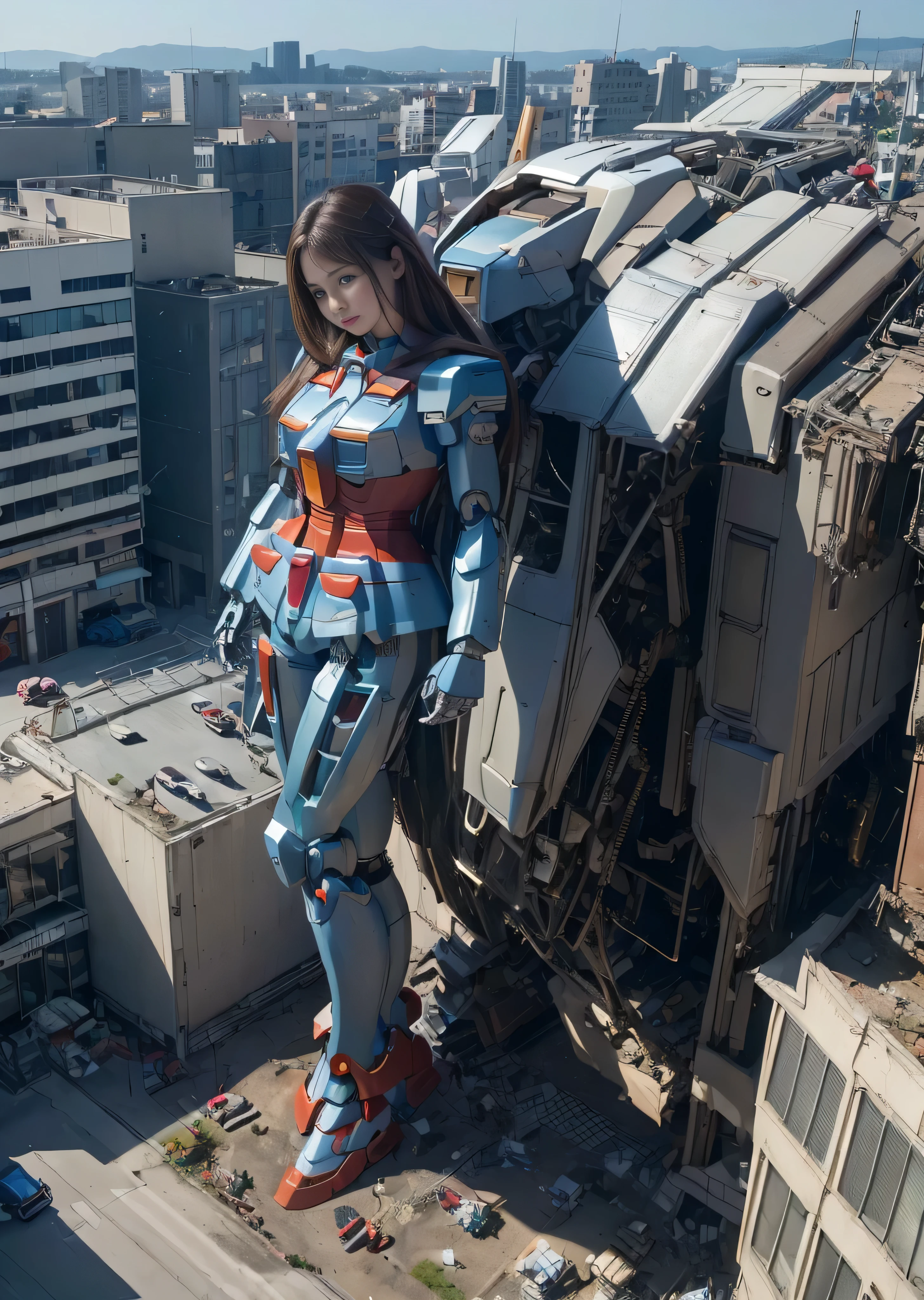 (((RAW image quality:1.4))), ((A giant mechanical woman much bigger than a skyscraper:1.4)), 14 years old, rough skin, Super detailed, advanced details, high quality, 最high quality, High resolution, 1080p, hard disk, beautiful,((gundam:1.4)),beautiful almost,Wearing futuristic white parts,mechanical joint, Machine arms and legs, Mechanical parts that protect the bust top, cleavage, mechanically protected groin, Excluding bust top and crotch, Raw skin is exposed., almost naked, perfect proportions, (Brown hair fluttering in the wind), beautiful青い目, full body shot, very small metropolis。Squat in a miniature metropolis just a few feet tall, stomping city,crash city,small town,micro city, small cars and trains, Configuration from above, deep blue sky, Metal pants that dig into the crotch,