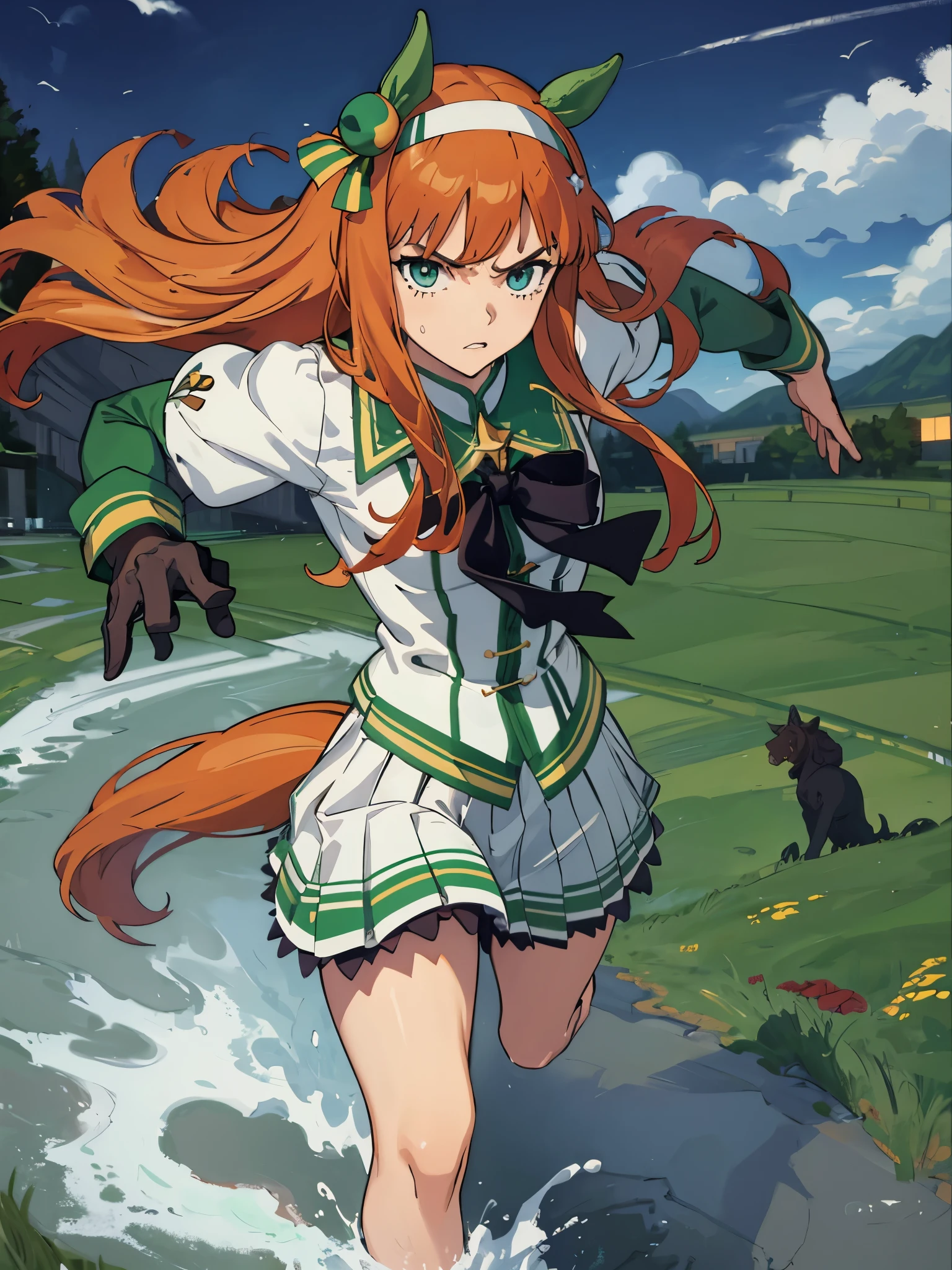 masterpiece, highest quality, running figure, Whole body wide angle, serious expression, silence suzuka \(umamusume\),black gloves, white skirt, pleated skirt, barefoot, (No sleeve), black bow, flowing grass,
