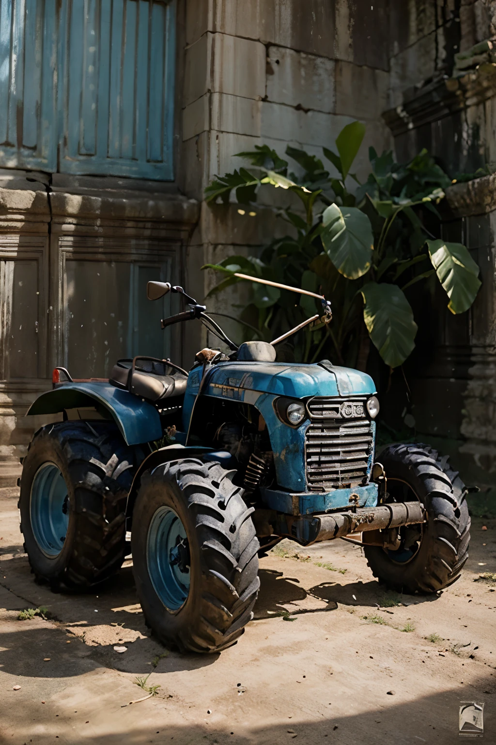 A metal {{tractor}} toy on a {{blue}} table with 4 wheels and a steering wheel in the middle, a bottle on the left side, a picture frame on the right side, against a brighter {{Angkor Wat temple}} wall background with a plant on the left side