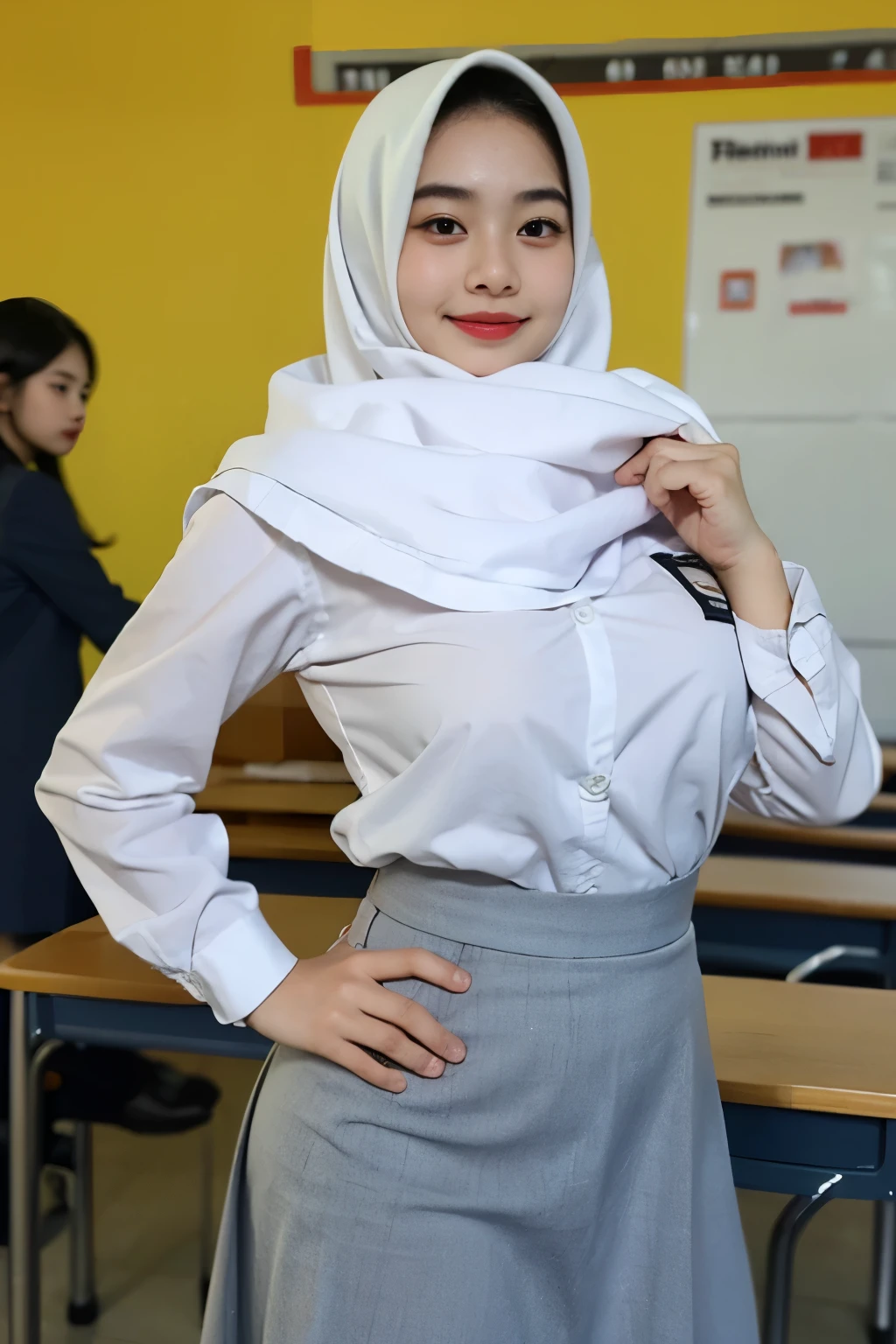 a close view photo of woman with hijab in the Indonesian high school room, without using any clothes, thick body, sexy body, nude body, naked, fuckable pose, show breast, show , show vagina, hairy pussy, big ass, standing, sexy body curve, big, big cleavage