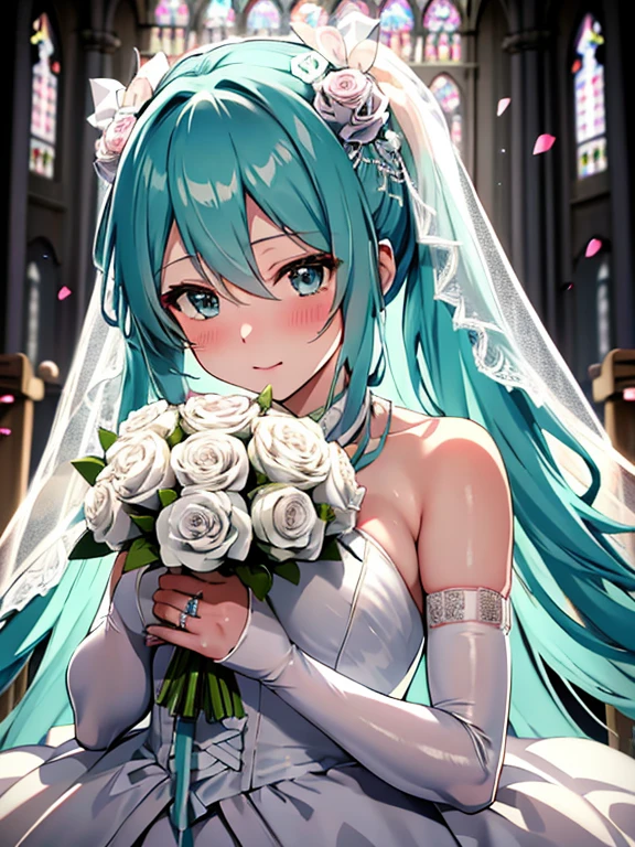 Hatsune Miku、 wedding dress, bridal gauntlets, bridal veil, wedding ring, bouquet、blush、small breasts、church、UHD, retina, masterpiece, ccurate, anatomically correct, textured skin, super detail, high details, high quality, best quality, highres, 4K