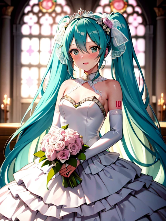 hatsune miku, very shame, very cute, wedding dress, holding a bouquet, showing the tongue, big tits, cat ears