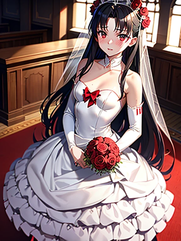 Rin Tohsaka、wedding dress, bridal gauntlets, bridal veil, wedding ring, bouquet、blush、small breasts、church、UHD, retina, masterpiece, ccurate, anatomically correct, textured skin, super detail, high details, high quality, best quality, highres, 4K
