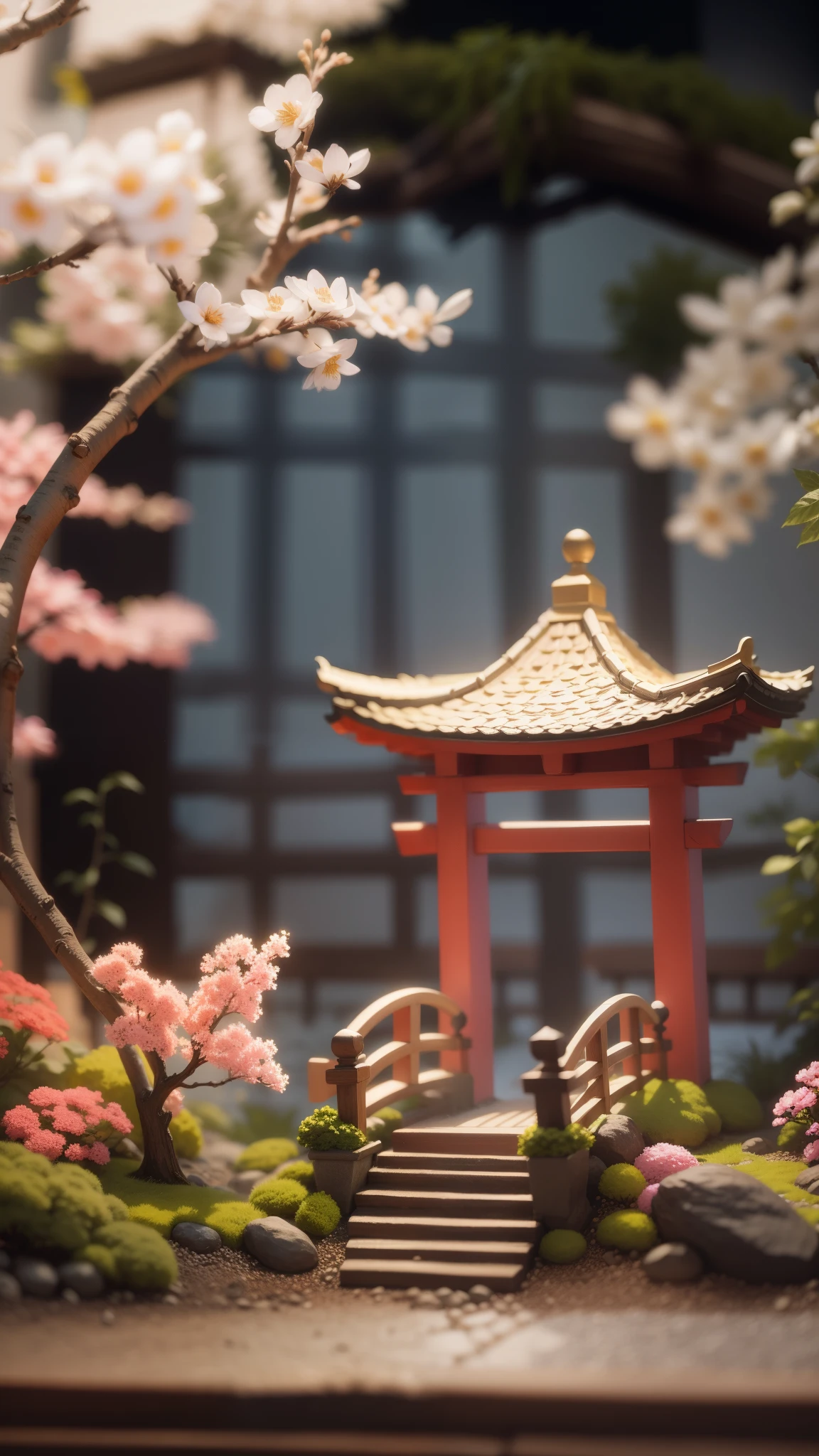 Magic garden miniature scene, delicate flowers、soft glowing branches、Illuminated by happy smiling miniatures. 8K Autorealist,Japanese garden、shrine、torii
