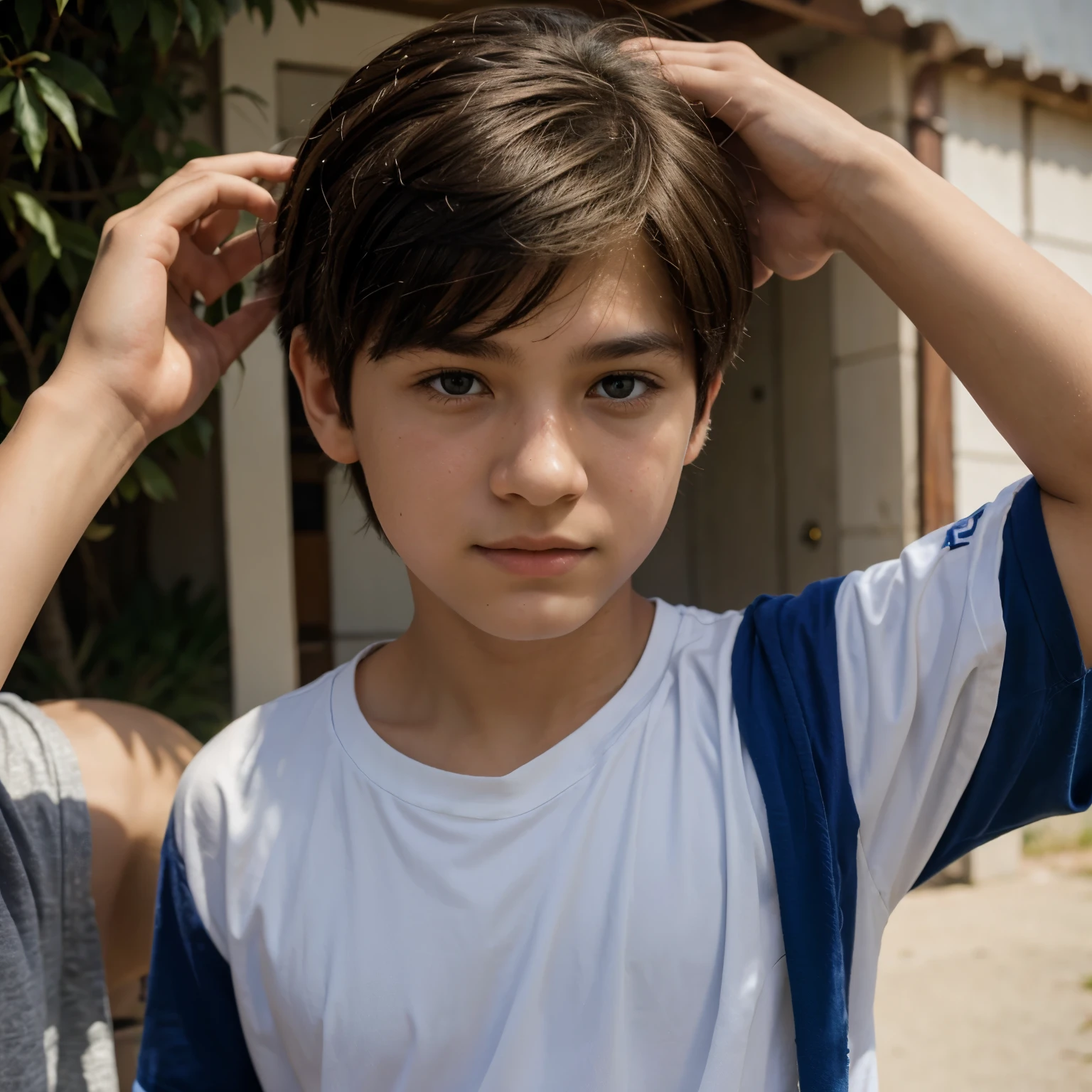 
 boy
black short hair
wide black eyes
standing in the school
wearing a white school shirt with blue trousers
