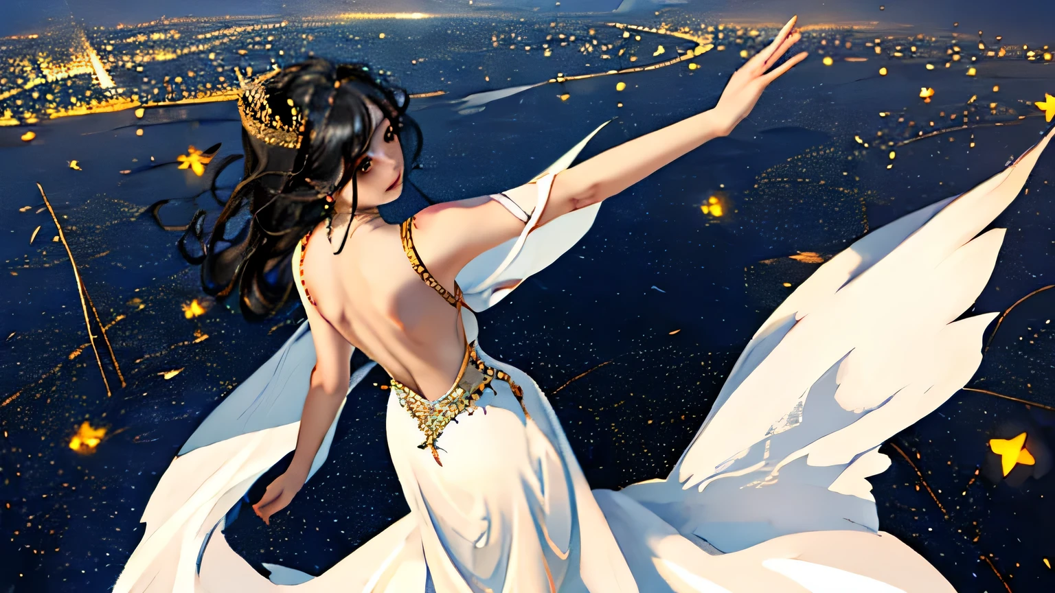 One Young Woman、beautiful features、Tight and powerful expression、clear slanted eyes、Powerful eyes with emphasized eyeliner、long black hair、Wearing a golden crown on his head,、white skin、small bust、Leg-length tight skirt dress、Gorgeous tight red and white dress、unique design dress、Huge black wings grow from its back..、Flying high in the sky alone、The camera is looking from above.、The background is the starry sky and the city lights below..、It has a sense of dynamism.、fantastic scenery