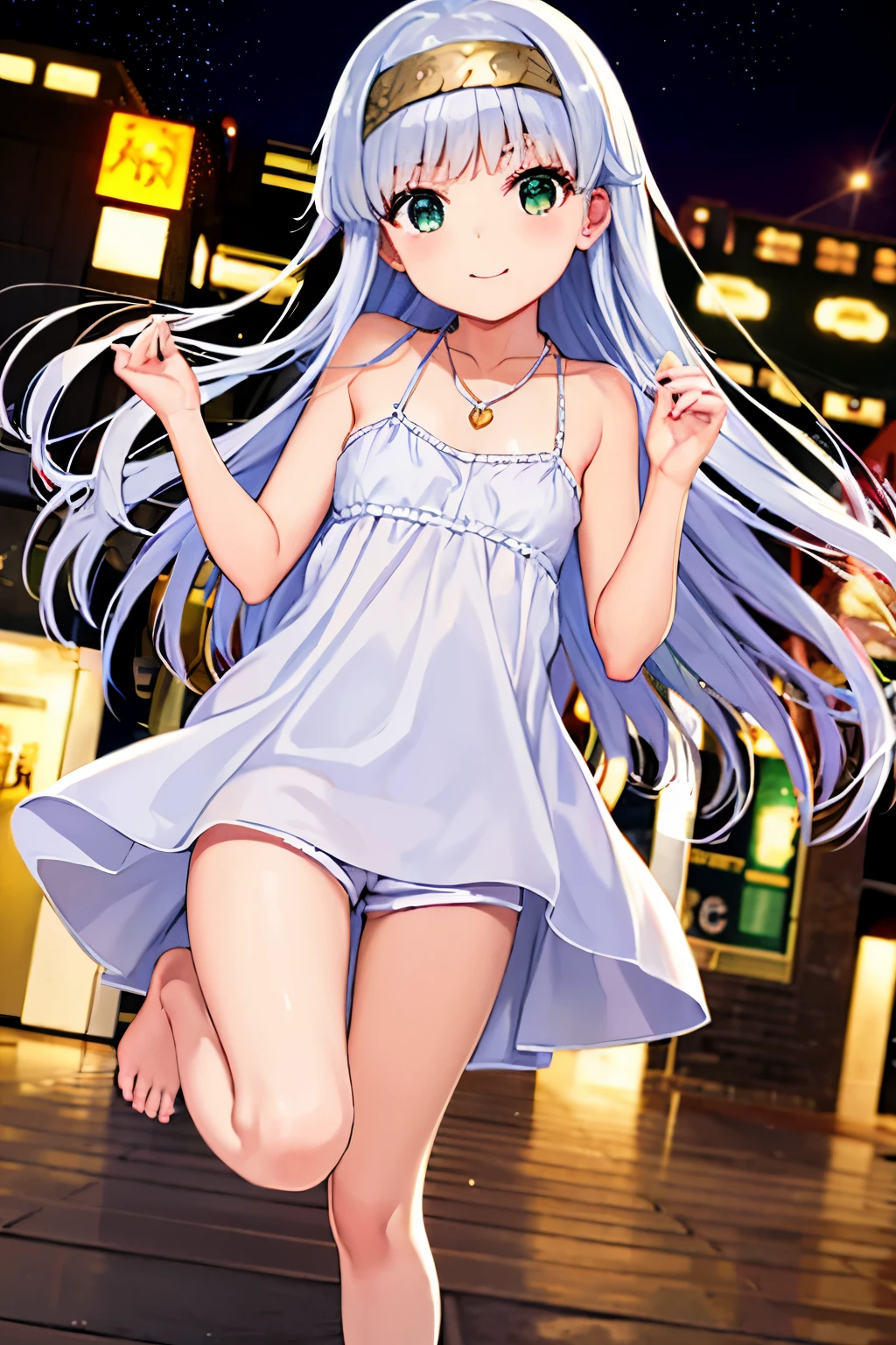 Cabello largo plateado, ojos verdes, headband, necklace, negligee, shorts, flat breast, sonrisa, happy, muslos hermosos, street, night, deshabitado