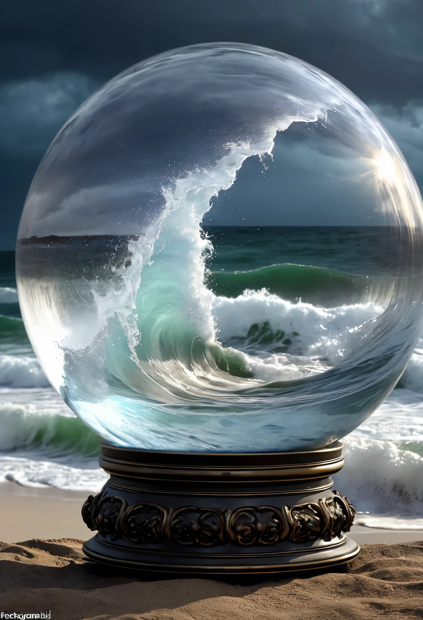 Ghost over the storm waves and under the lightning inside a huge crystal ball., de cerca, fotograma completo, photorealism, hyperrealism, textures and details of the highest quality, 8K, formato amplio, RGB de 24 bits, volumetric artistic lighting, Three-dimensional representation, filmada con una Panasonic Lumix S5 Mark II, Luciano Ventrone's work, lo mejor en artstation