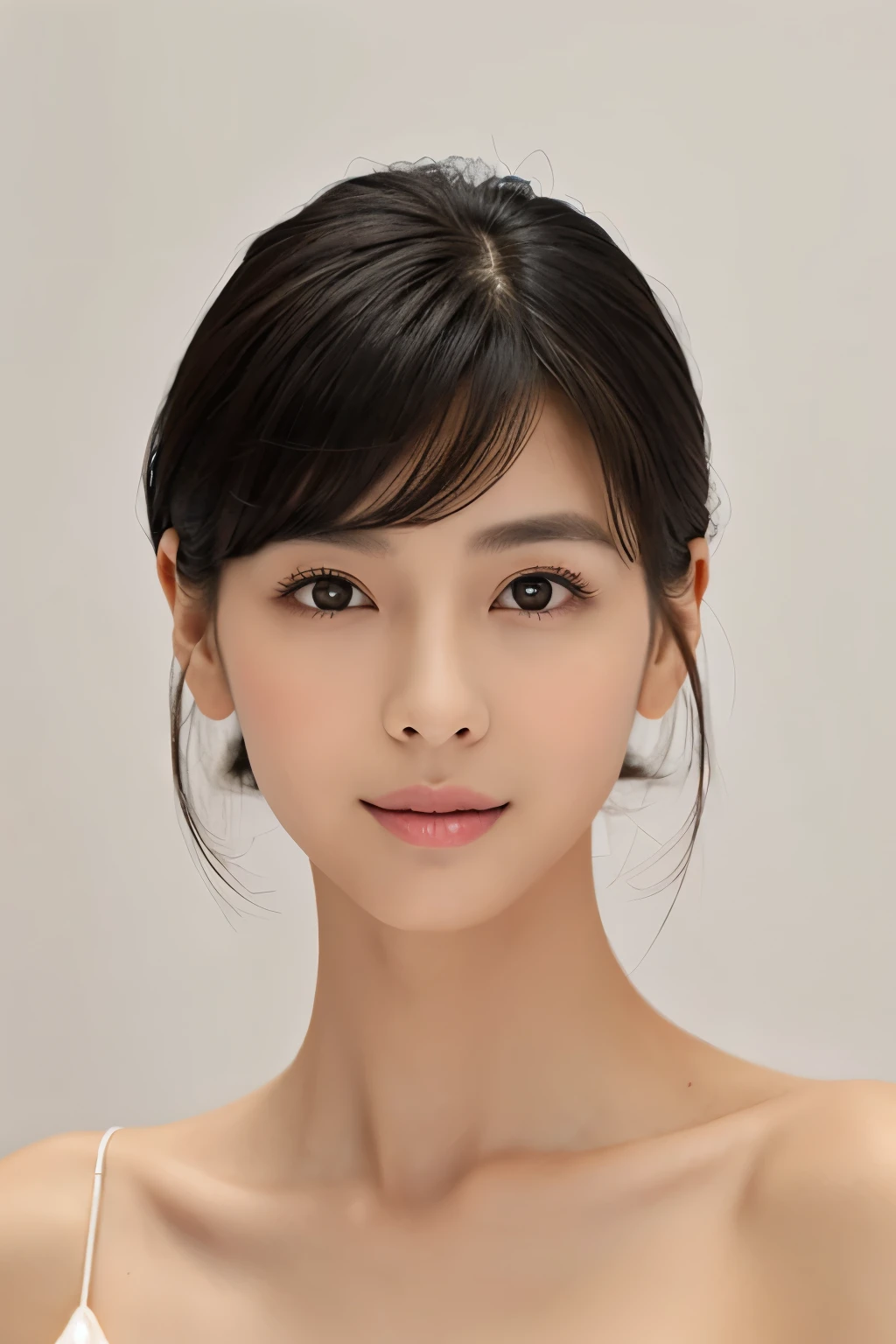 ((masterpiece, top quality, high definition)), 1 girl, (photorealistic: 1.4), solo, white background, snow-white background, mouth closed, happy smile, pretty black hair, short hair, big eyes, clear double eyelids, eyelashes, ears out, absolute area, ((face close-up)), (drawing all head, shoulders), 30 years old, Attractive proportions, glossy skin, clean collarbone, face in golden proportion, perfect face, teardrop mole, mole on chest, bangs, clean bangs, beautiful bangs, lip gloss, thin lips, pale skin, naked, small breasts, small face, head all drawn, shoulders all drawn, staring at the camera slightly upwards