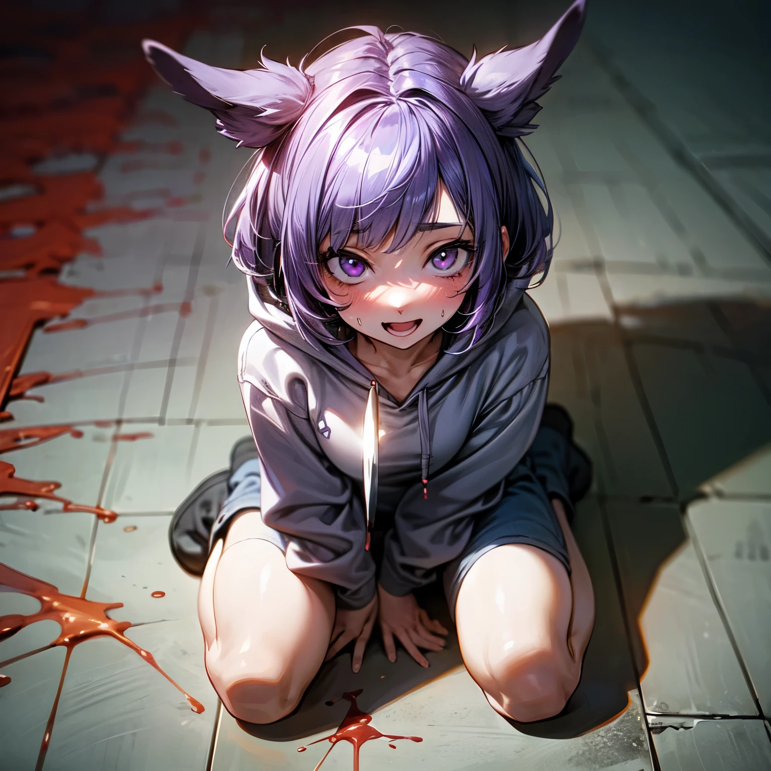 ((Masterpiece)), (Anime:1.3), (High Definition:1.3), (Professional Photography:1.2), 8K, from above, wide shot, Realistic, Textured skin, cinematic lighting,（messy medium bob), (purple color hair), (put on Black bunny ears), Pretty oversized pink hoodie, bloody, Tattered short trousers of jeans fabric, glowing Purple eyes, (Crazy Eyes), (the floor is wet with a blood), Sit on the ground, (Holding a knife in hand), Eerie and inorganic white concrete room, very blush, Big purple eyes, Open your mouth wide, (crazy smile), ((Cute teenage Beautiful Girl)), sweaty