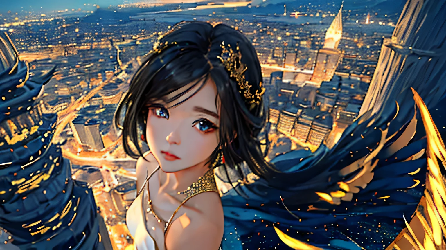 One Young Woman、beautiful features、Tight and powerful expression、clear slanted eyes、Powerful eyes with emphasized eyeliner、long black hair、Wearing a golden crown on his head,、small bust、Leg-length tight skirt dress、A gorgeous, tight dress based on red and white、unique design dress、Huge black wings grow from its back..、Flying high in the sky alone、The camera is looking from above.、The background is the starry sky and the city lights below..、It has a sense of dynamism.、fantastic scenery