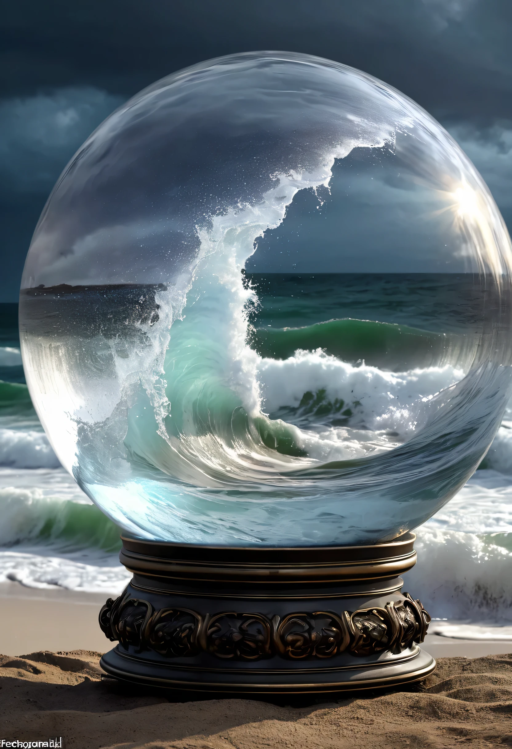 Ghost over the storm waves and under the lightning inside a huge crystal ball.., de cerca, fotograma completo, photorealism, hyperrealism, textures and details of the highest quality, 8K, formato amplio, RGB de 24 bits, volumetric artistic lighting, Three-dimensional representation, filmada con una Panasonic Lumix S5 Mark II, Luciano Ventrone's work, lo mejor en artstation