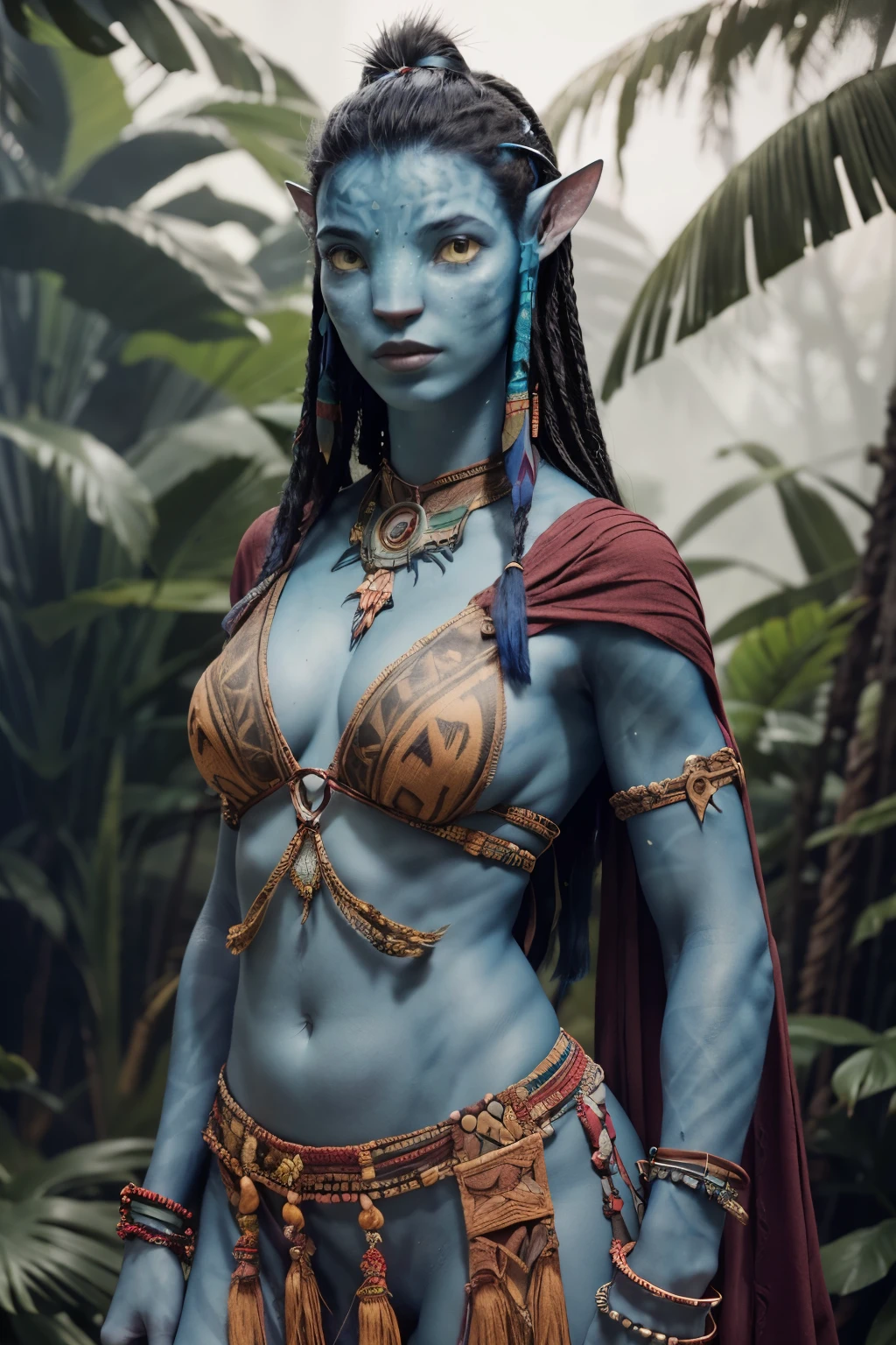 (masterpiece, best quality, high quality), RAW photo, (good body, good proportion, good anatomy, good fingers, good hands), detailed skin, detailed face, blue skin:1.2, pointy ears, Neytiri, avatar \(movie\), bracelet, yellow eyes:1.4, jewelry, portrait, forest, jungle, clouds, fog, floating island, (full tribal clothing, depth of field photo of (sks woman:1), tribal clothing, 