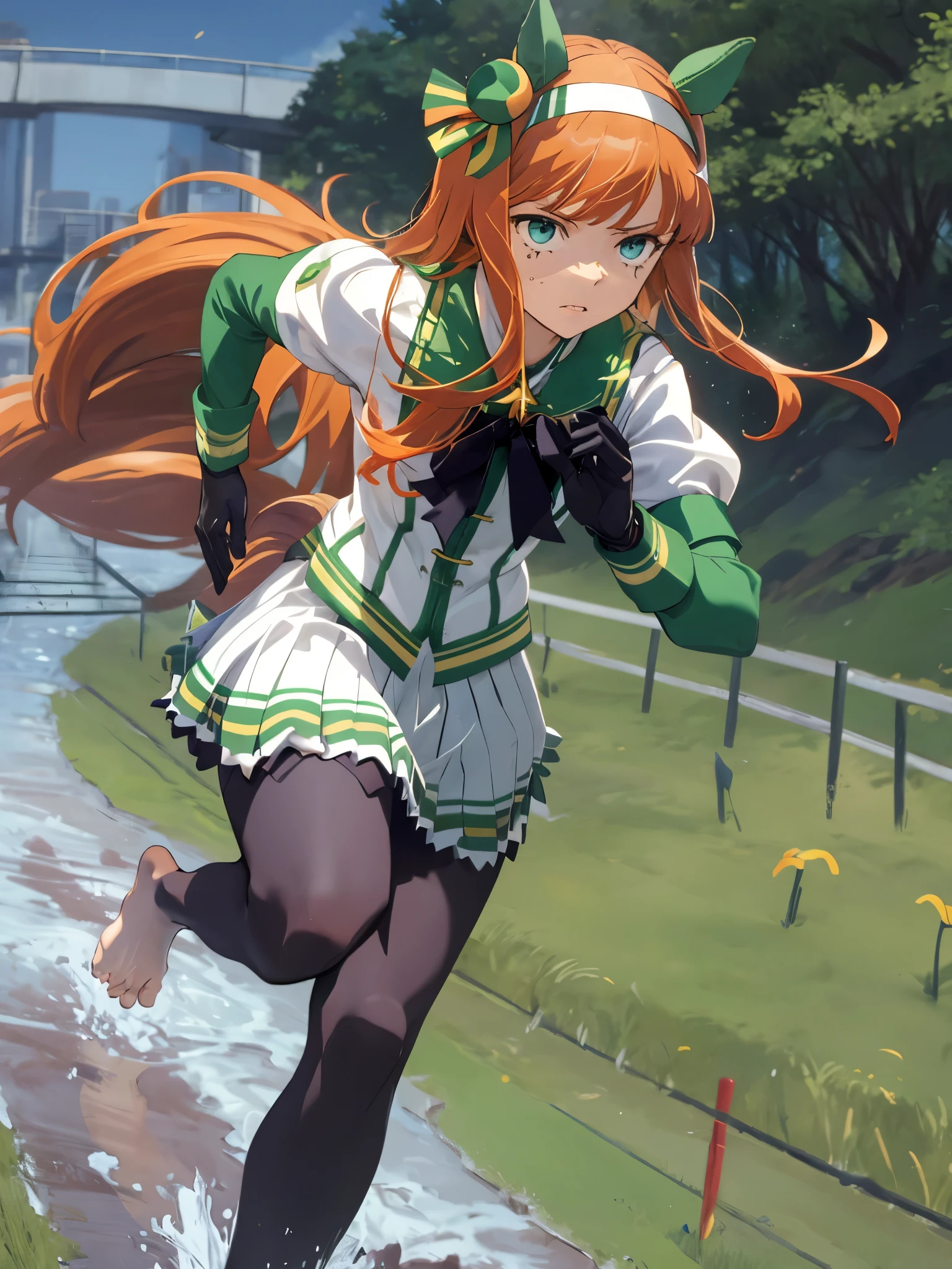 masterpiece, highest quality, running figure, Whole body wide angle, serious expression, silence suzuka \(umamusume\),black gloves, white skirt, pleated skirt, barefoot, (No sleeve), black bow, flowing grass,