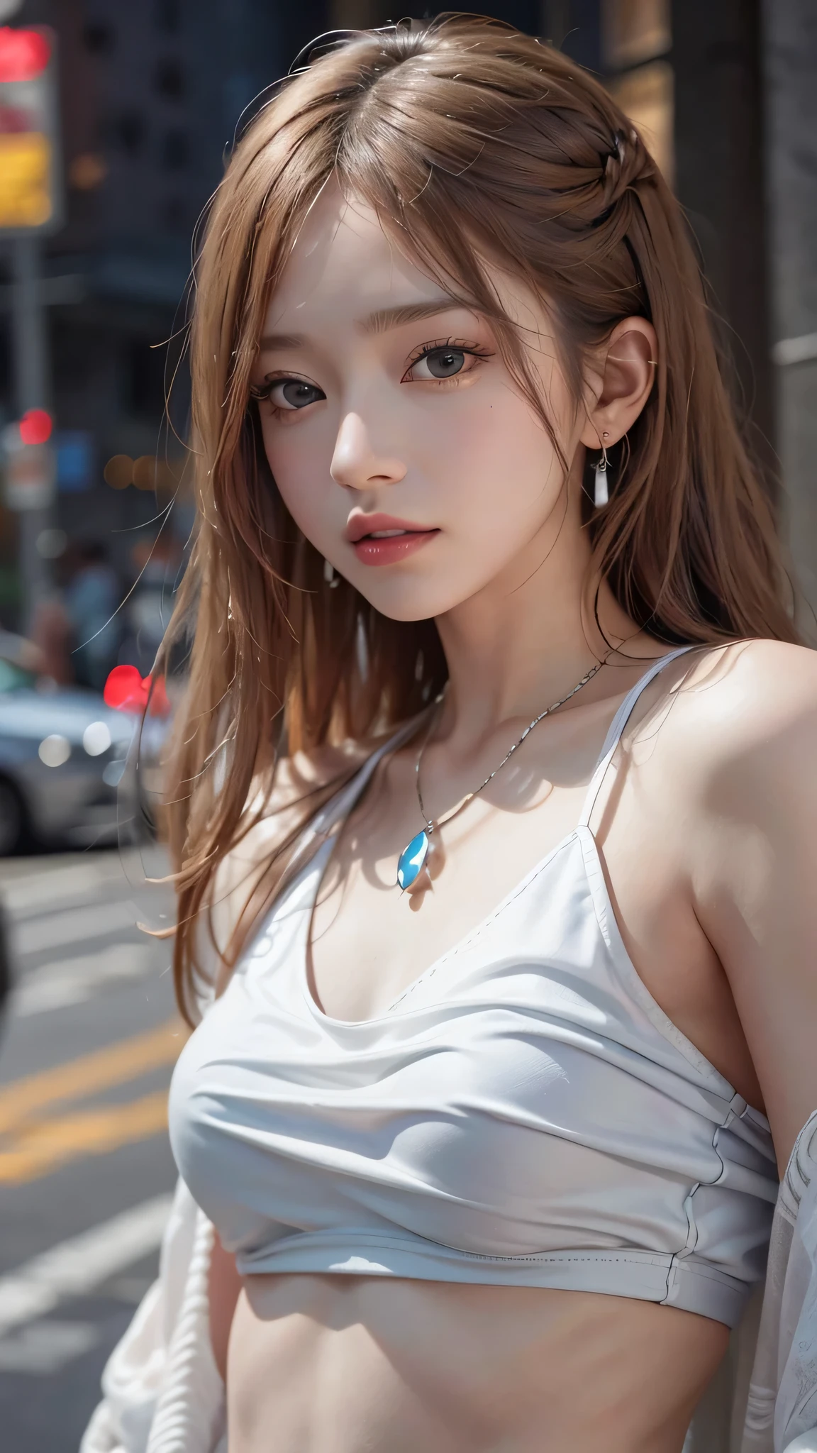 (close:1.4)、(RAW photo:1.2)、(realistic:1.4)、(masterpiece:1.3)、(highest quality:1.4)、(beautiful woman with perfect body:1.4)、(perfect anatomy:1.2)、beautiful女子大生、pieces fly、Make-up is light、red lips、silver hair、messy long hair、street background、beautiful、elegant、Star work with ultra-fine details、Texture of reality、cinematic lighting realism、perfect job、8k、exquisite features、white tight open cut top、transparent white tight shorts、slimming、bright big eyes、earrings、necklace、