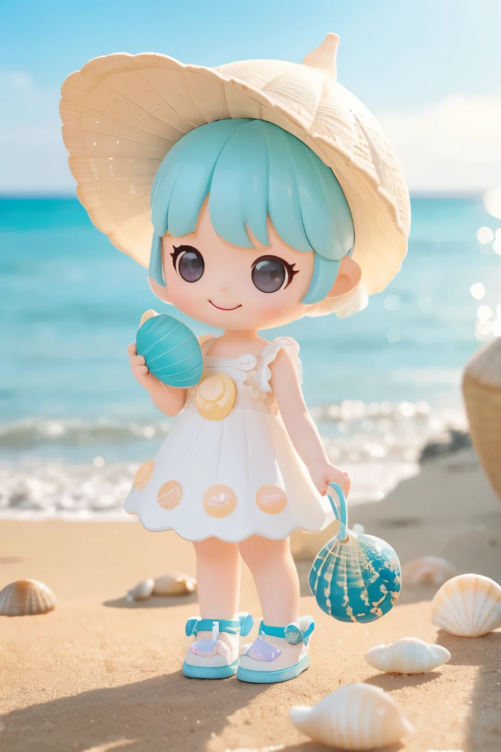 Photoreal、whole body、chibi girl、Seashell Accessories、smile、cute shoes、Picking up shells
