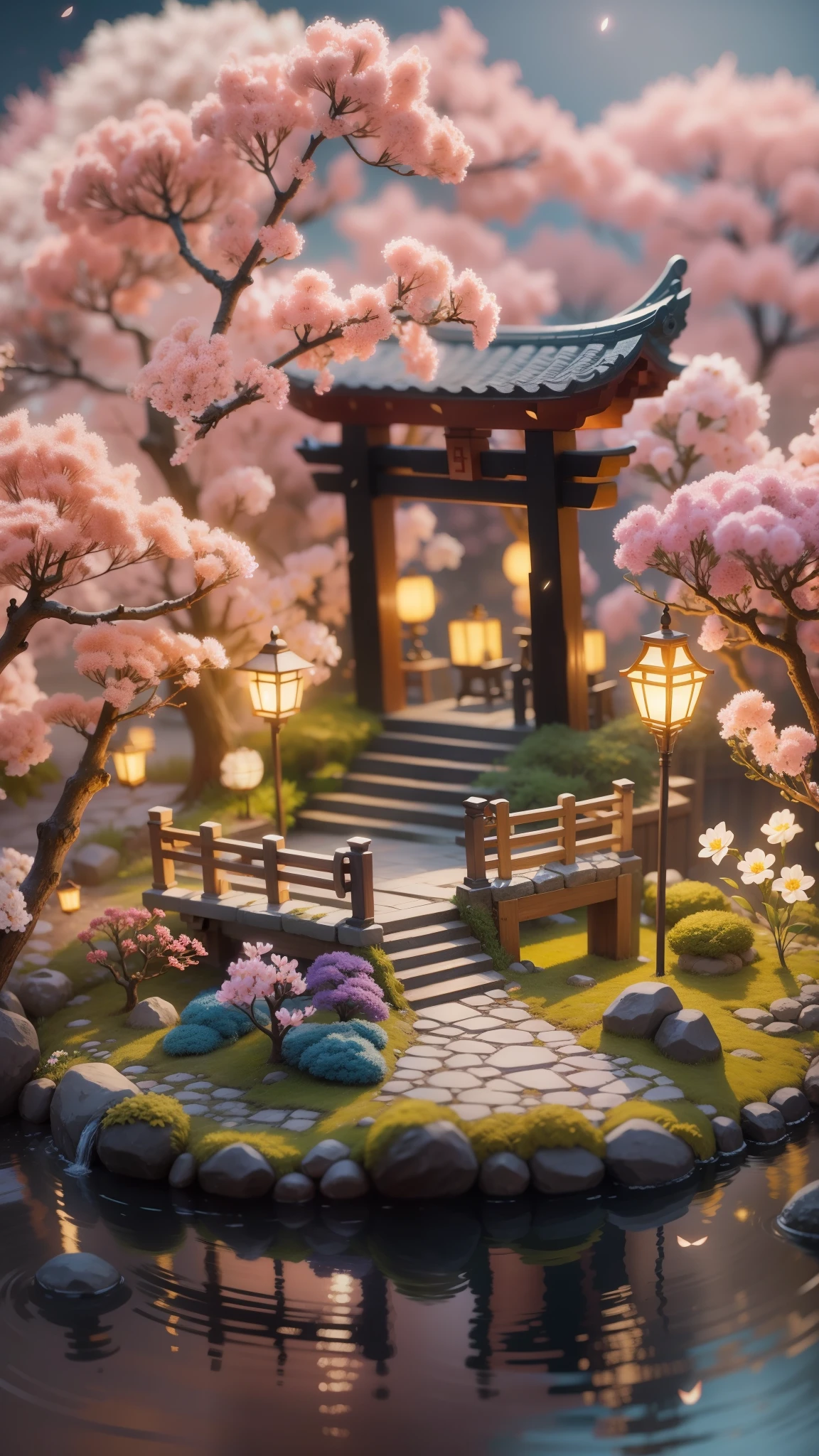 Magic garden miniature scene, delicate flowers、soft glowing branches、Illuminated by happy smiling miniatures. 8K Autorealist,Japanese garden、shrine、torii