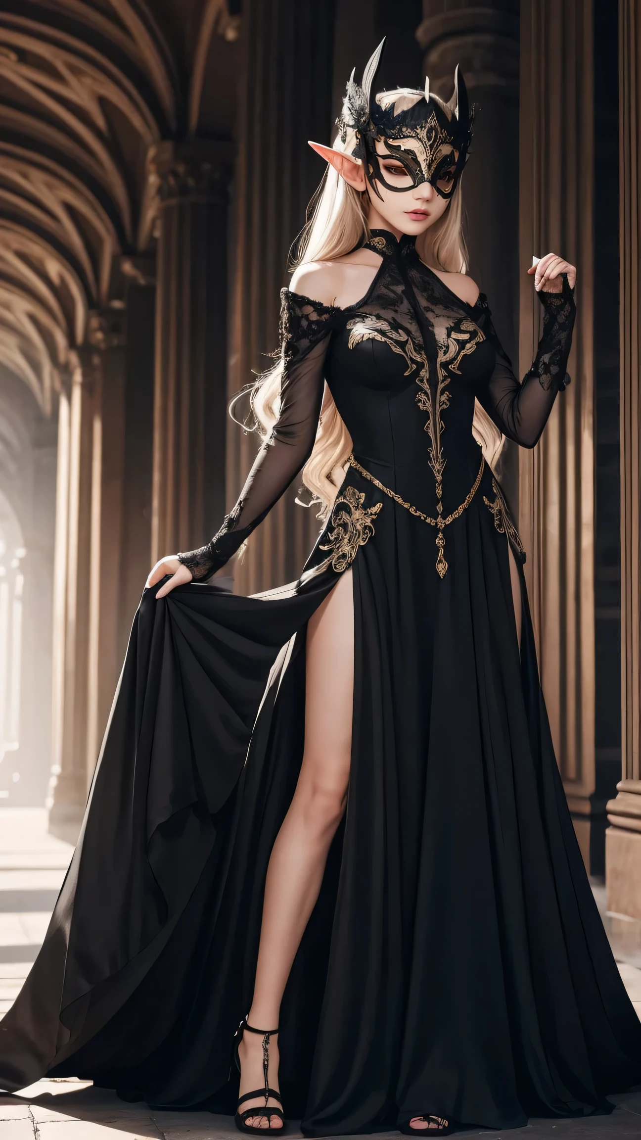 elf girl , black formal dress, masquerade mask, long white and wavy hair, palace , full body, masquerade with a mask