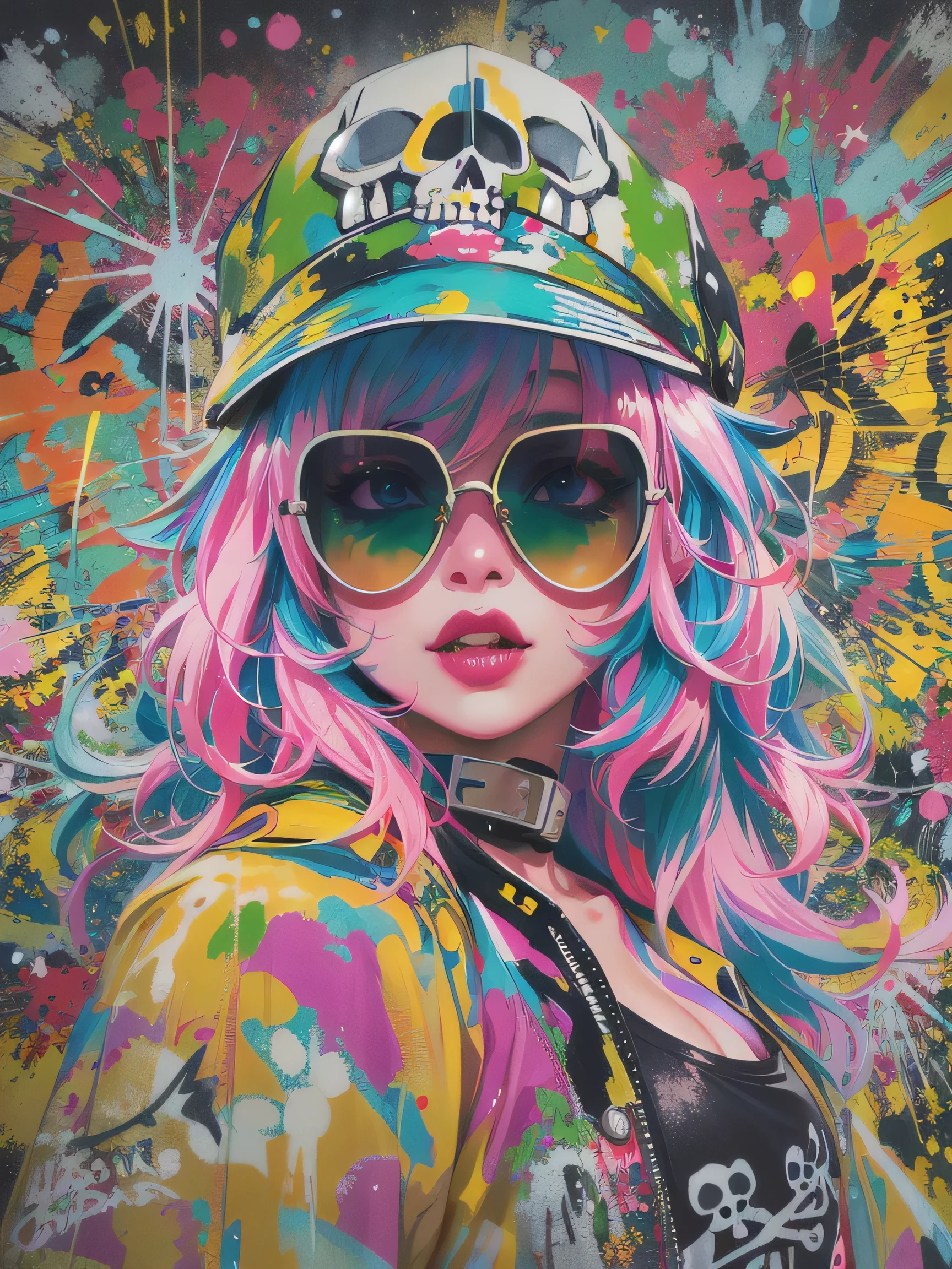 8K resolution、((highest quality))、((masterpiece))、((Super detailed))、1 female、alone、The strongest beautiful girl of all time、((incredibly absurd))、(((Stylish sunglasses))), Fashionable hats, lips in love、neon、bob hair、 (((skull graffiti art))), colorful hair,