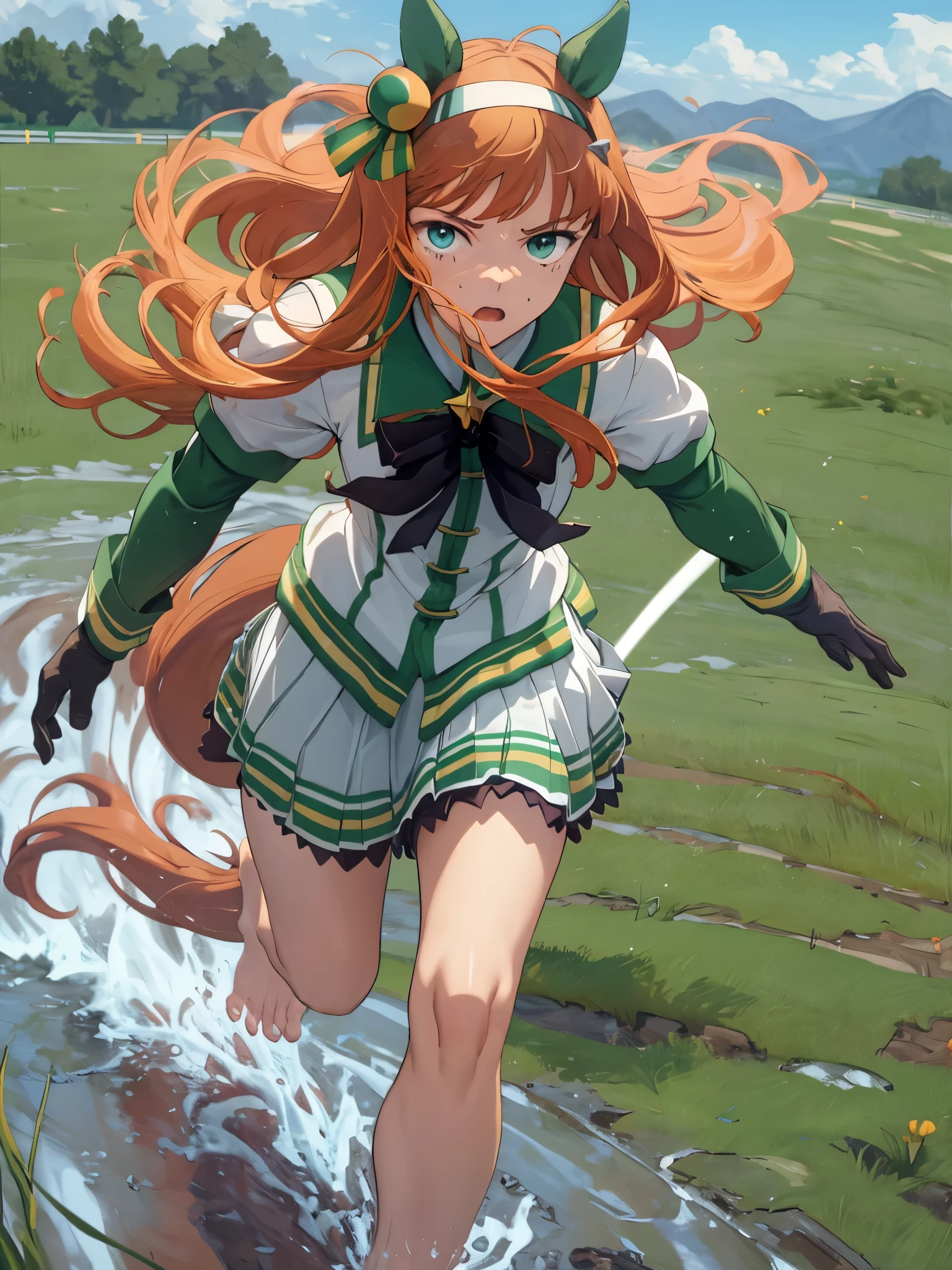 masterpiece, highest quality, running figure, Whole body wide angle, serious expression, silence suzuka \(umamusume\),black gloves, white skirt, pleated skirt, barefoot, (No sleeve), black bow, flowing grass,