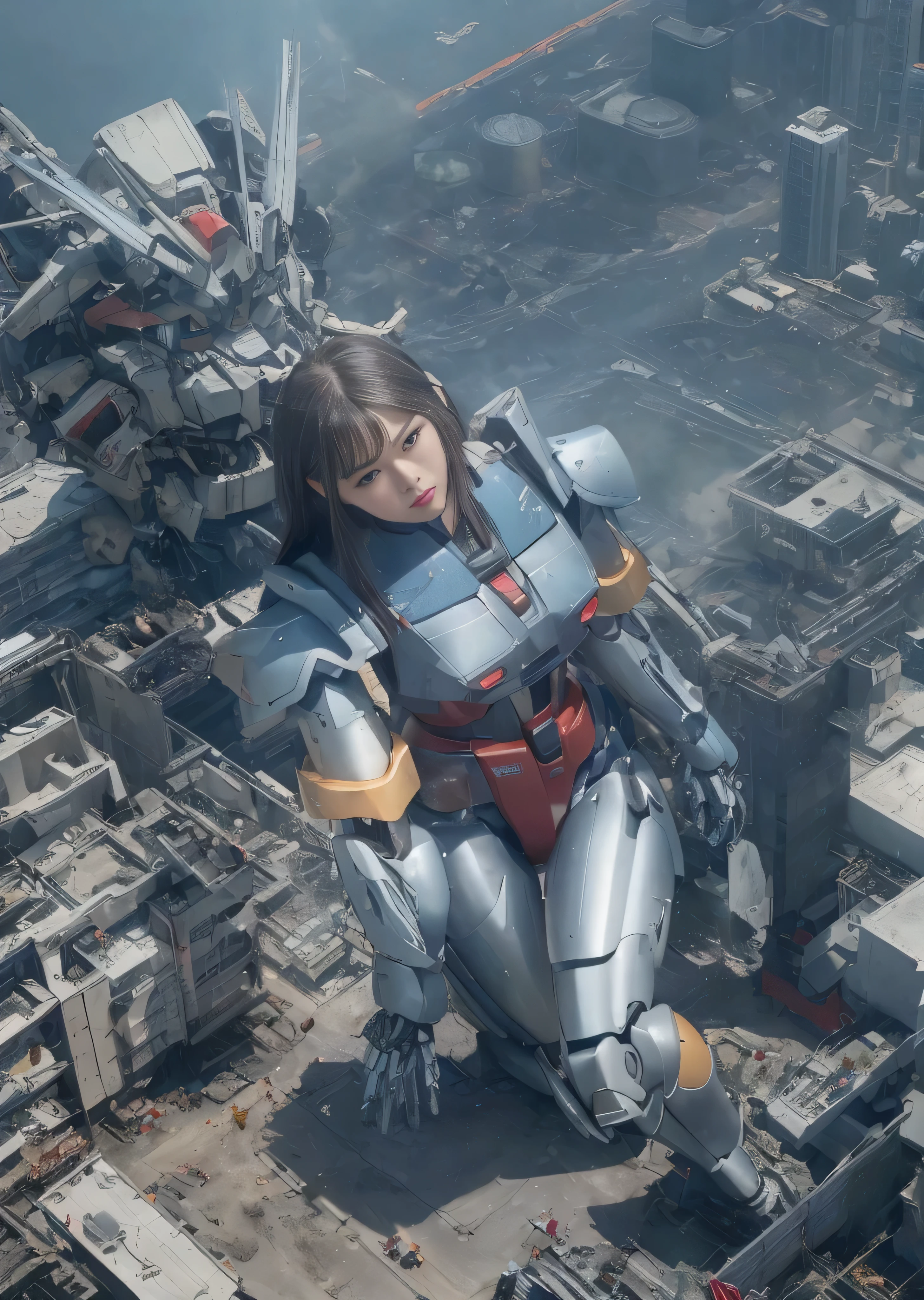 (((RAW image quality:1.4))), ((A giant mechanical woman much bigger than a skyscraper:1.4)), 14 years old, Japanese, beautiful顔, beautiful艶肌, Super detailed, advanced details, high quality, 最high quality, High resolution, 1080p, hard disk, beautiful,((gundam:1.4)),beautiful almost,She wears futuristic white mechanical parts,mechanical joint, Machine arms and legs, Mechanical parts that protect the bust top, (Cleavage where raw skin is exposed), Raw skin exposed on the lower abdomen., almost naked, perfect proportions, (blue short straight hair), beautiful青い目, very small metropolis。Squat in a miniature metropolis just a few feet tall, stomping city,crash city,small town,micro city, small cars and trains, Configuration from above, deep blue sky, Metal pants that dig into the crotch,