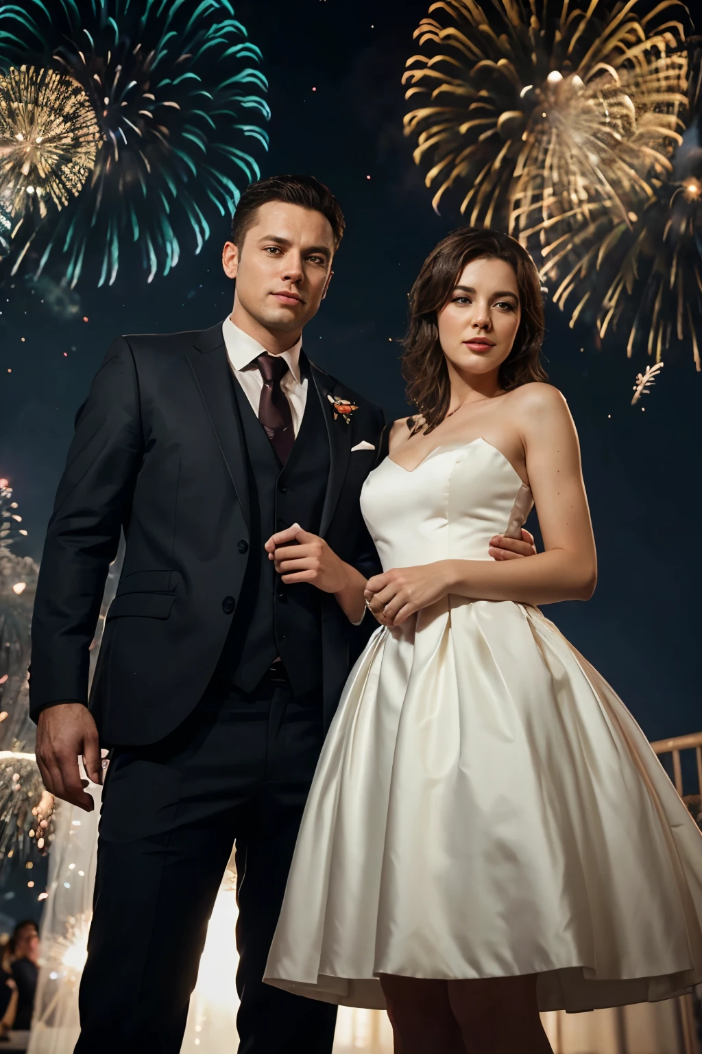 Swingers - Sex Wife with her mouth closed and Husband in wedding dresses against the backdrop of fireworks, 3D rendering, cinematic, fashion, Photo