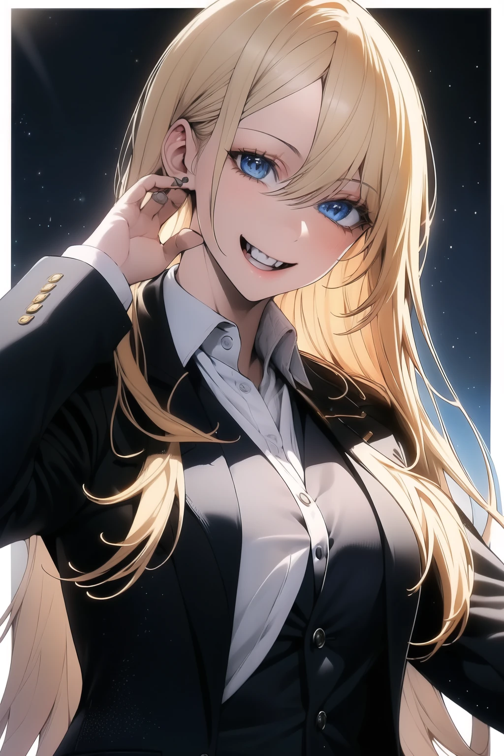 (best quality, highres, professional),portrait,blonde,long hair,blue eyes,female,black blazer,black tailored pants,cheerful expression,bright smile,airport background,stylish attire,modern fashion,trendy outfit,vibrant colors,elegant pose,happy mood,soft lighting