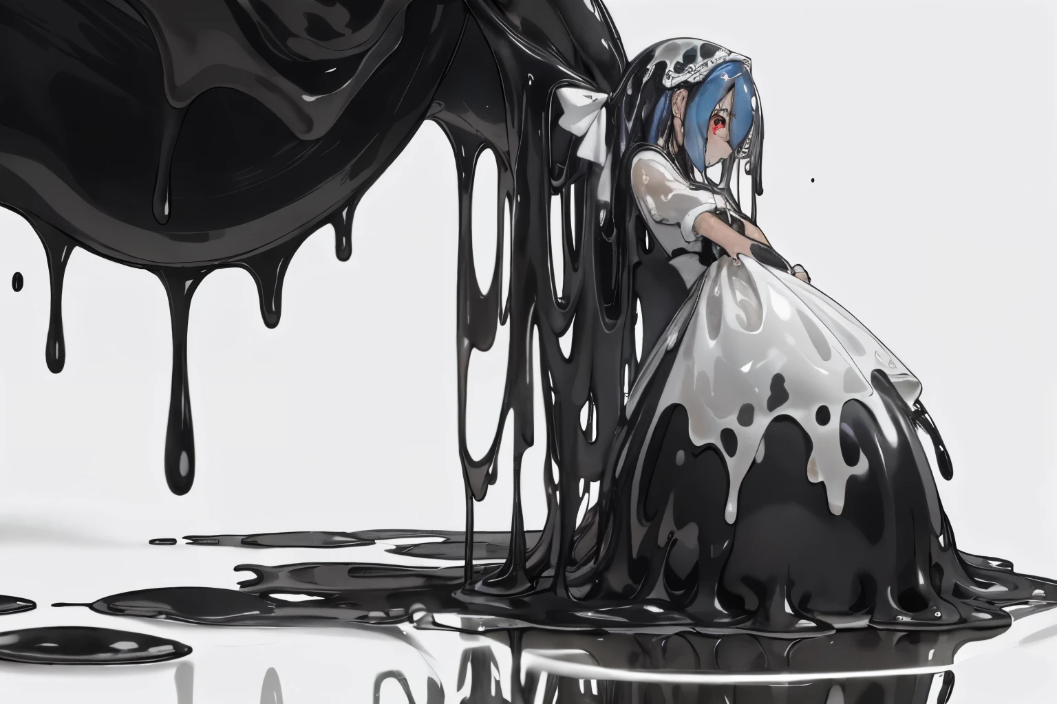 young girl, slime queen, Short silver hair, Blue eyes, body, black tight latex, body covered in black mucus, orgasm, masturbation, lying in black slime, a lot of black goo, black goo swallows girls , masturbates with a dildo