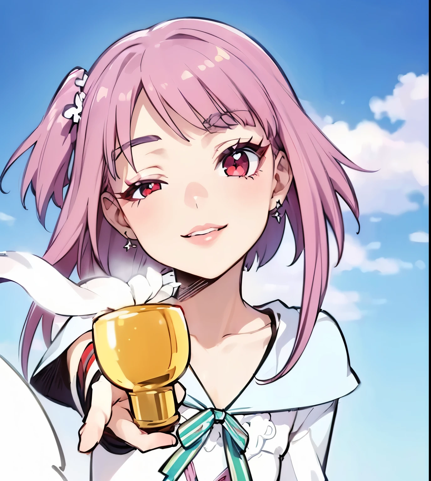 (masterpiece, best quality:1.4), (extremely detailed, 8k, uhd), cinematic shot, natural lighting, ultra highres, vibrant rich colors, (beautiful, aesthetic, perfect, delicate, intricate:1.2), (sharp focus, from front:1.3), eye level shot, 1girl, portrait of a anime girl, young, short pink hair, (extremely hot, attractive, beautiful, sexy, feminine:1.2), calm, expressive red eyes, long eyelashes, relaxed, (smiling:1.2), (beautiful detailed face, highly detailed skin, red eyes), gorgeous, breathtaking beauty, seductive, captivating, pale skin, perfect female figure, (slim:0.5), (highly saturated lipstick, purple pink lips, luscious thick lips, small red star earrings), intricate details, daytime, award winning photography, detailed background, volumetric fx, anime, hyper-detailed