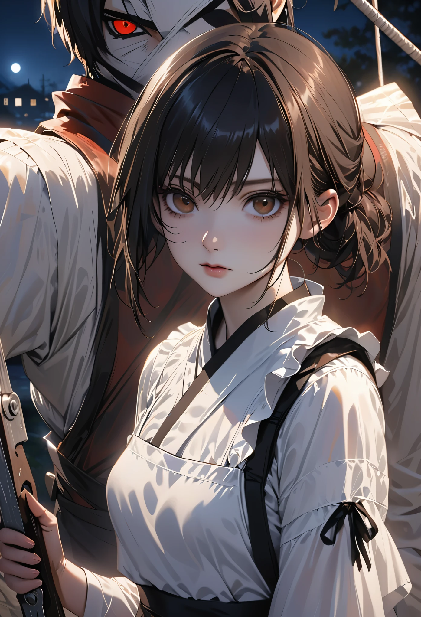 ((masterpiece, best quality)), (1 girl), (alone), (female focus), night (chainsaw man),(The facial details are very rich, real image, realistic white skin, realistic body, intricate details), Upper body, Serious , brown eyes, looking at the audience, bandage over the body, black hair, Far-sleeved shirt, apron dress, black tie, bandage, bandage, small breasts