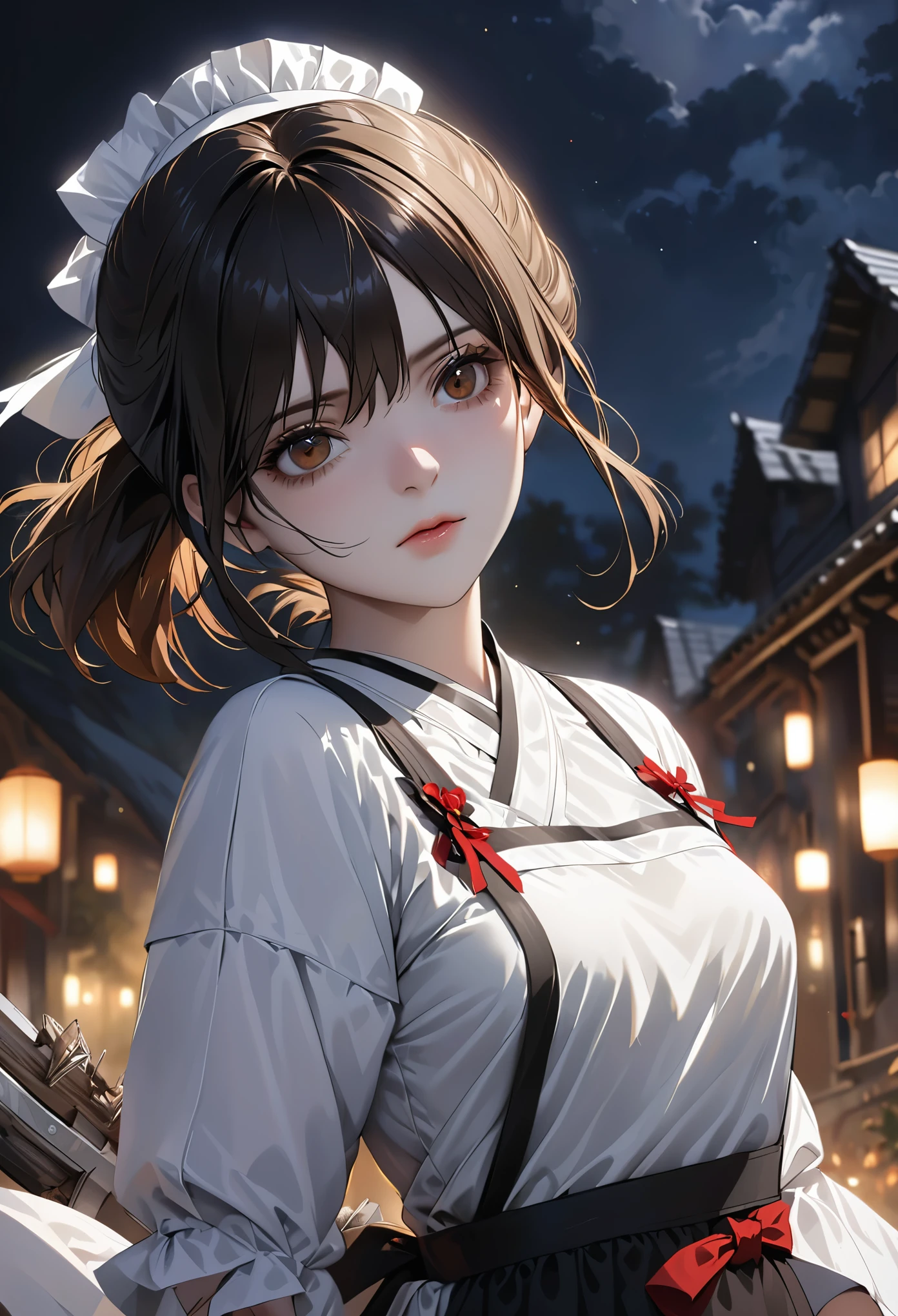 ((masterpiece, best quality)), (1 girl), (alone), (female focus), night (chainsaw man),(The facial details are very rich, real image, realistic white skin, realistic body, intricate details), Upper body, Serious , brown eyes, looking at the audience, bandage over the body, black hair, Far-sleeved shirt, apron dress, black tie, bandage, bandage, small breasts