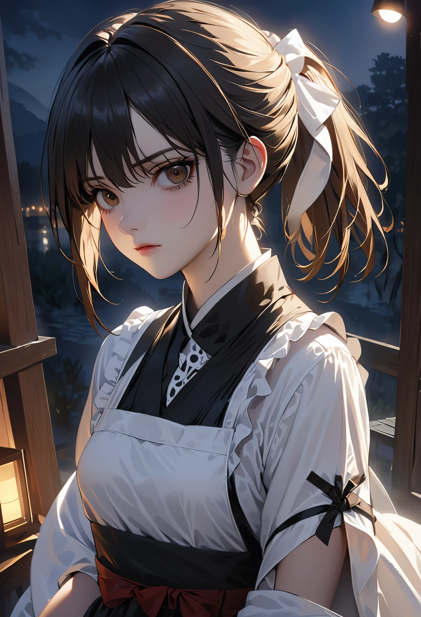 ((masterpiece, best quality)), (1 girl), (alone), (female focus), night (chainsaw man),(The facial details are very rich, real image, realistic white skin, realistic body, intricate details), Upper body, Serious , brown eyes, looking at the audience, bandage over the body, black hair, Far-sleeved shirt, apron dress, black tie, bandage, bandage, small breasts