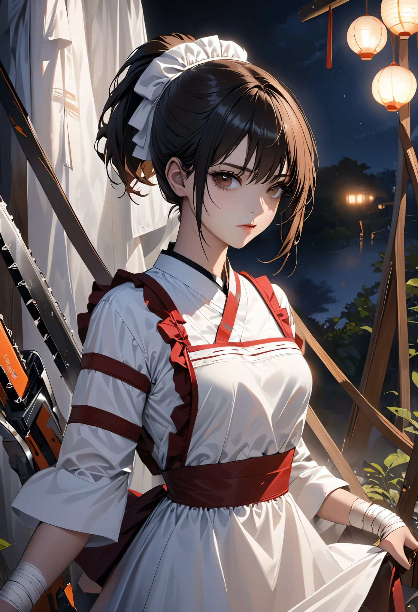 ((masterpiece, best quality)), (1 girl), (alone), (female focus), night (chainsaw man),(The facial details are very rich, real image, realistic white skin, realistic body, intricate details), Upper body, Serious , brown eyes, looking at the audience, bandage over the body, black hair, Far-sleeved shirt, apron dress, black tie, bandage, bandage, small breasts