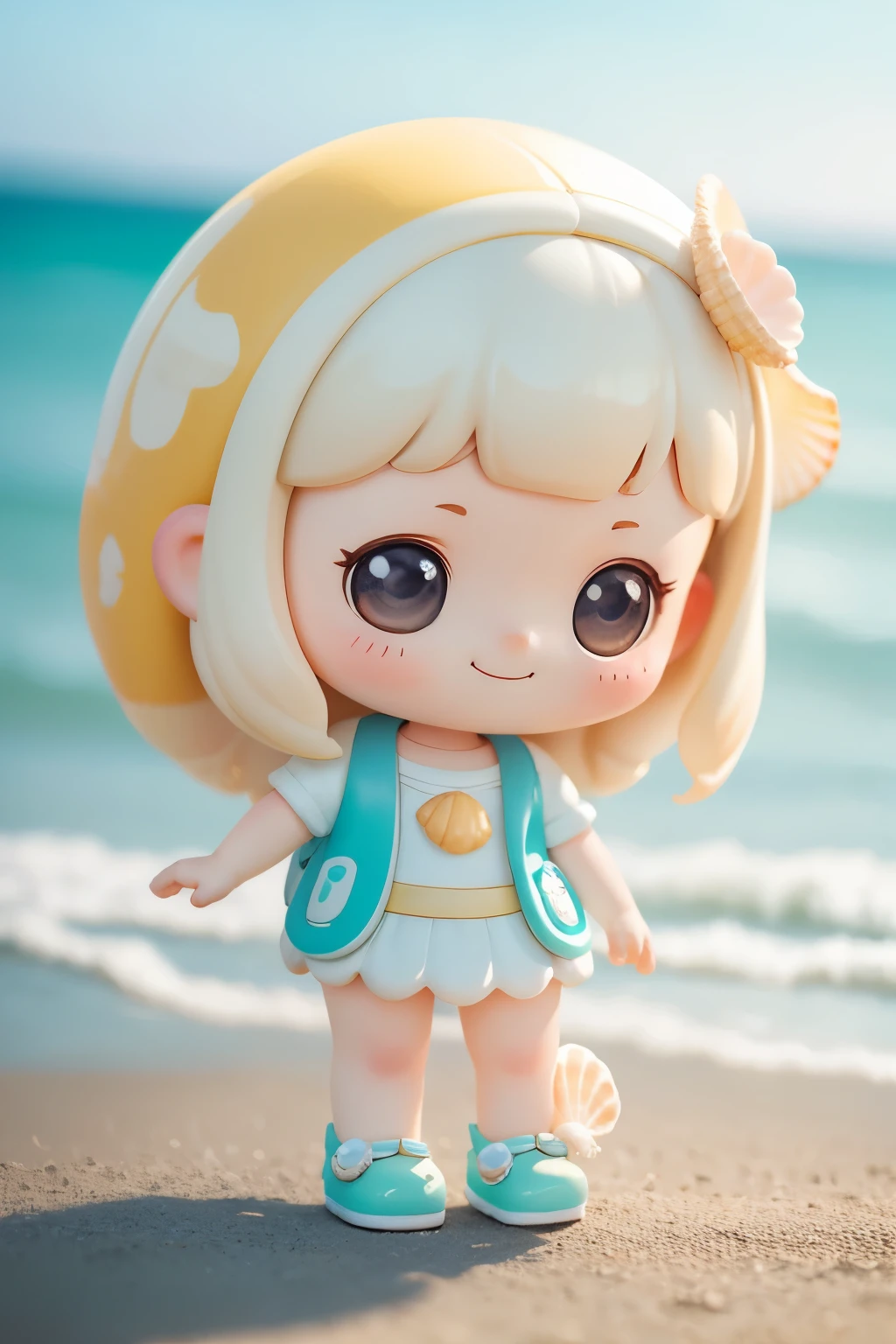 Photoreal、whole body、chibi girl、Seashell Accessories、smile、cute shoes、Picking up shells