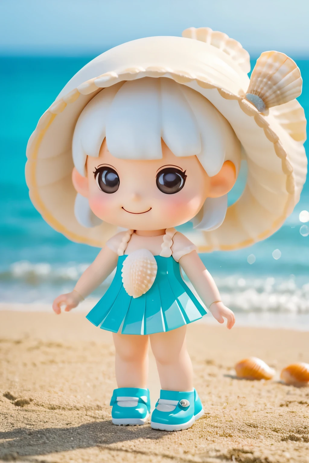 (((chibi3d)))cute and beautiful chibi anime, best quality, masterpiece, ultra high res, RAW photo, (photorealistic:1.4), (ultra sharp face focus:1.35), (standing shot), (((string bikini) made of (peal oyster seashell:1.15))), (soaked), 1 beautiful woman, pale white skin, beautiful large eyes, (ulzzang-6500)1, smile, ((beach)), daytime, (softlight from the front), (Looking at the camera)