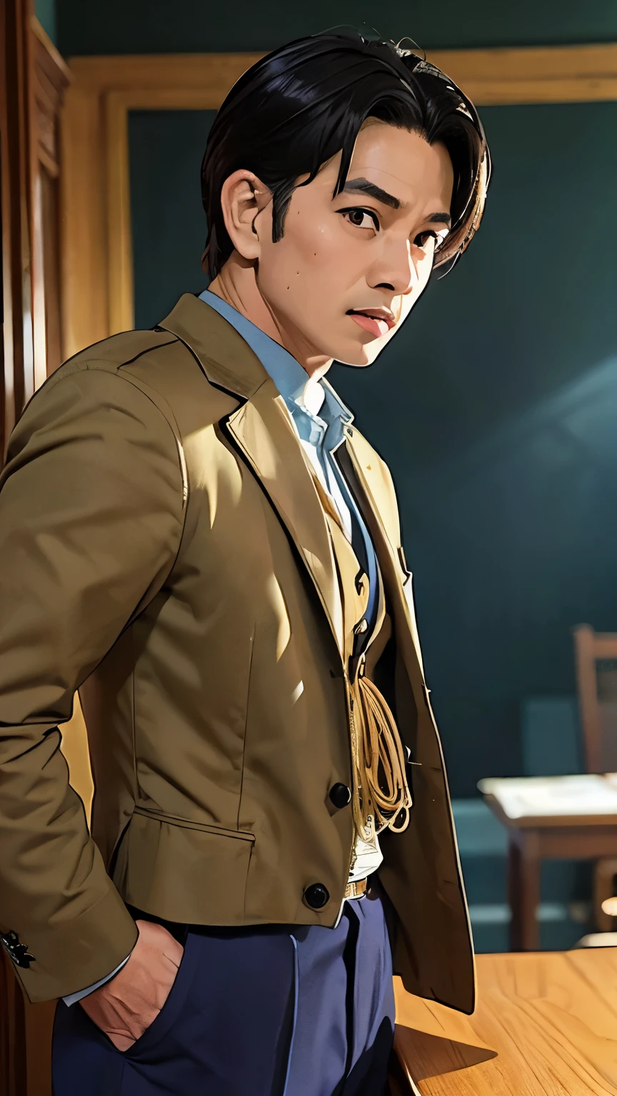 there is a man standing in a room with a table, by Abidin Dino, panting, ismail, raden saleh, cool pose, very very low quality picture, profile picture 1024px, old picture, picture, with a cool pose, ramil sunga, ayan nag, real ungine, with accurate face, with index finger