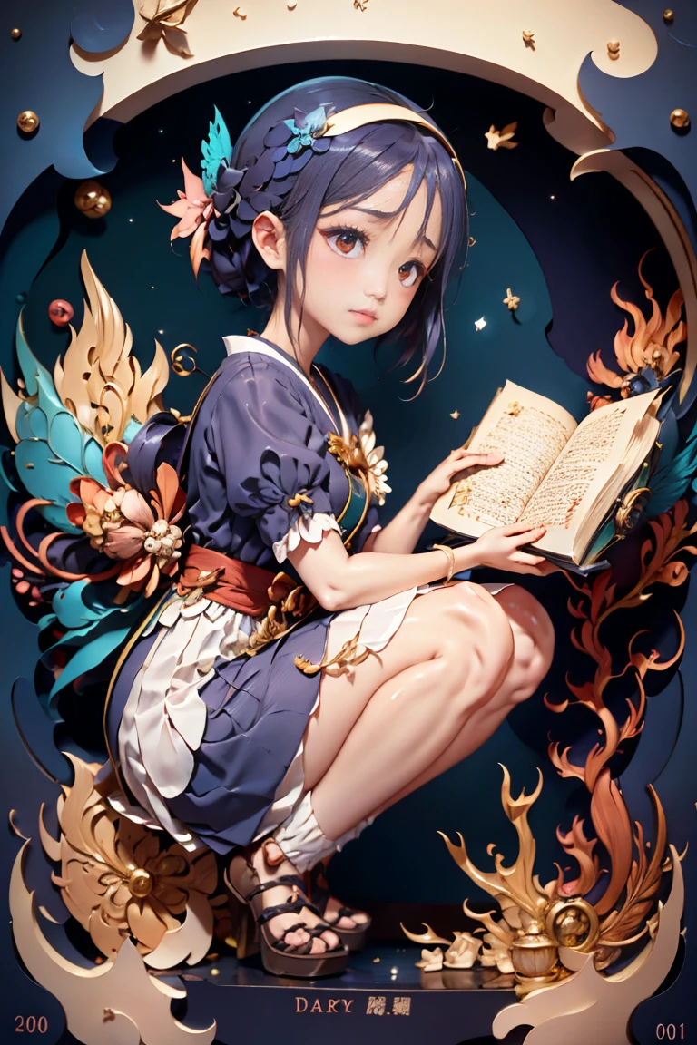 A fairy girl with small wings on her back、Sculpture of a book praying for dagashi at a Japanese dagashi shop after closing。complex and dynamic、Cinematic --chaos 20 --style raw --stylize 350 --v 6.0 --ar 1:1