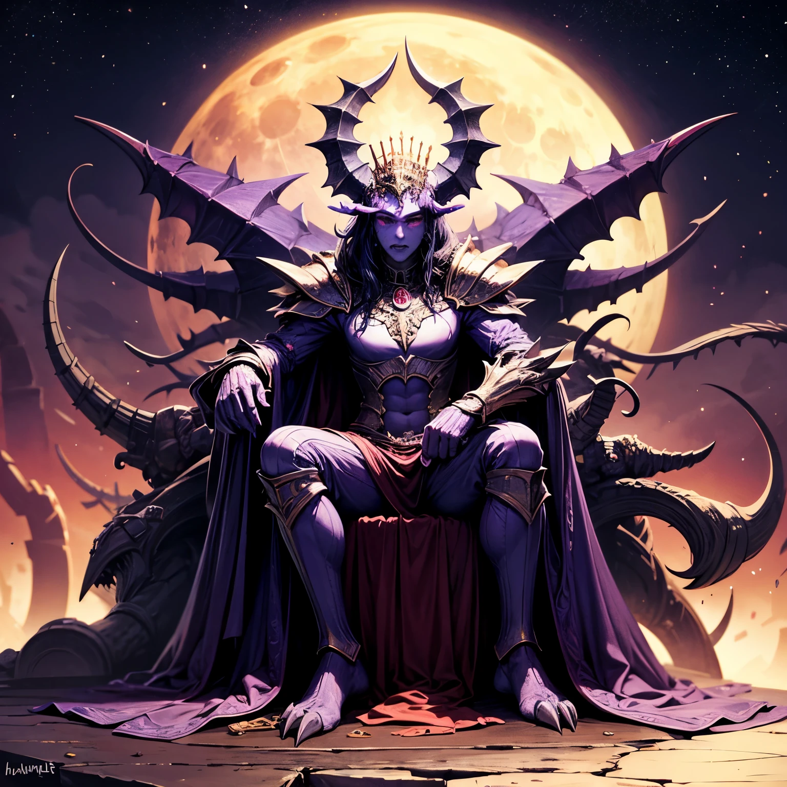 A purple, 4 horned, 3 eyed, monster, wearing a dark purple moon armor, sitting on a throne as a king