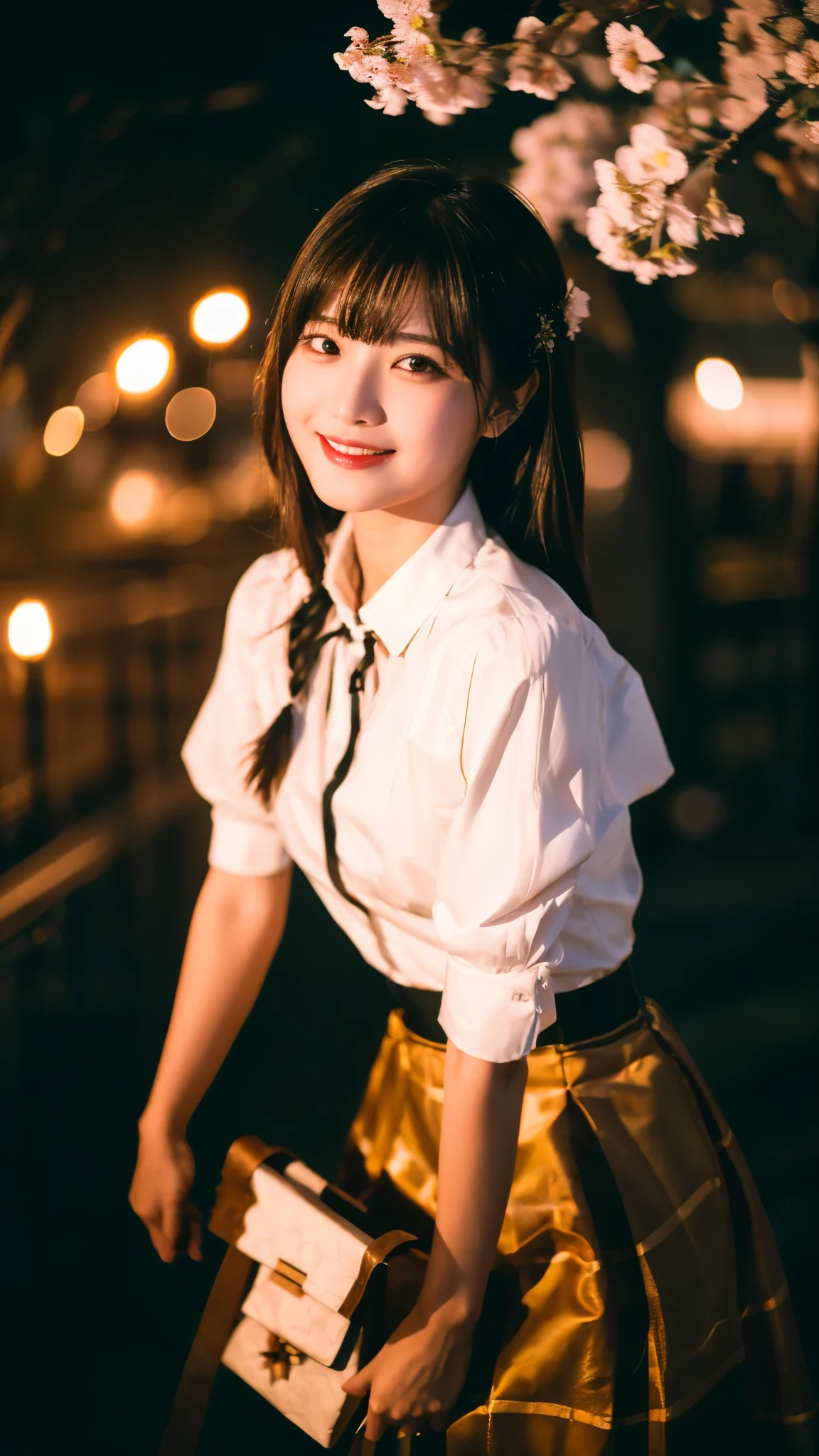 (highest quality,masterpiece:1.3,ultra high resolution),(Super detailed,caustics,8k),(photorealistic:1.4,RAW shooting),1 girl,Are standing,(smile),stare at the camera,20-year-old,cute,Japanese,natural brown middle hair,(white blouse),lime green flared skirt,glamorous,(big ),darkness,night sky,Illuminated night cherry blossoms,professional writing,(cowboy shot),(Tilt composition:1.3),(low position:1.3),(Low - Angle:1.3)