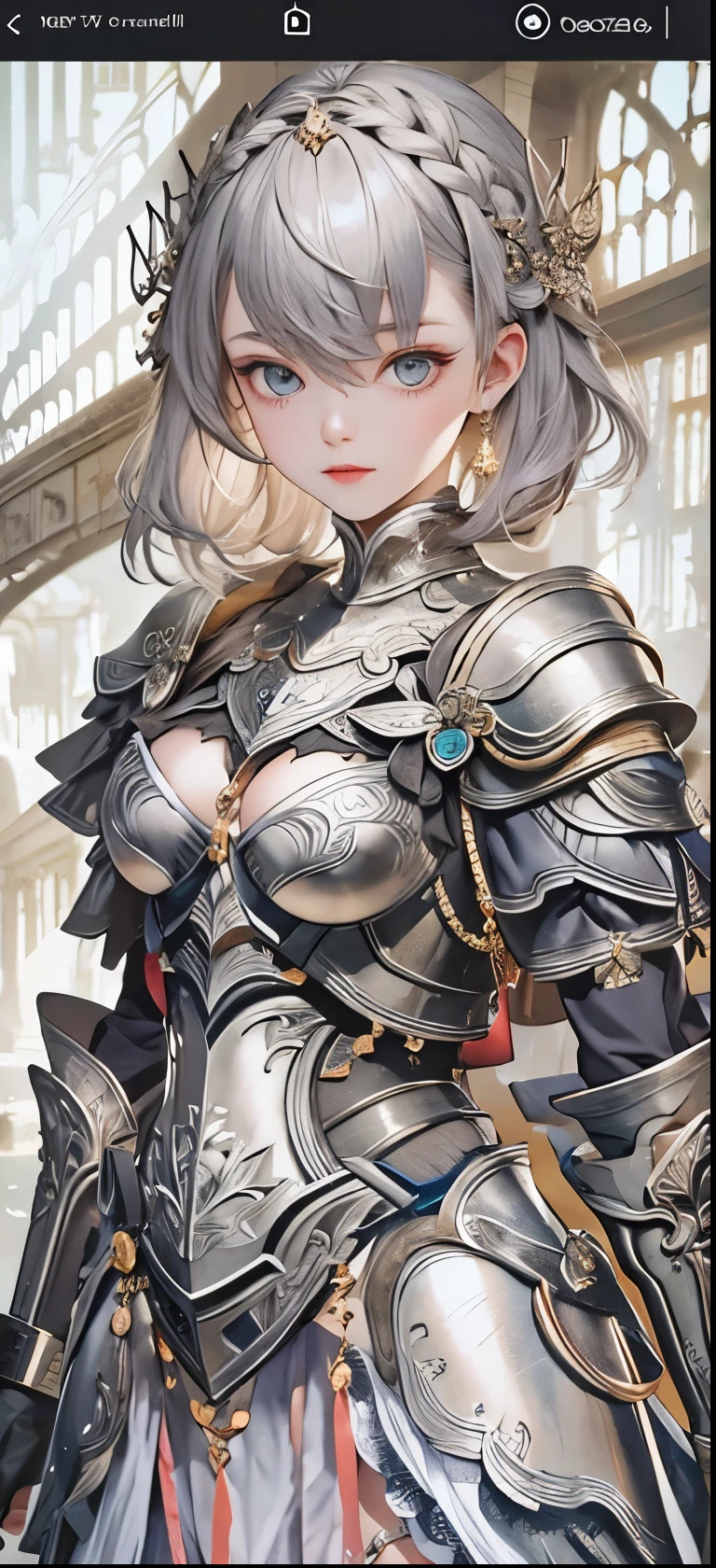 NSFW((masterpiece)), (((Best Quality))), ((Ultra-detailed)), (extremely detailed photo), ((extremely delicate and beautiful)),(Cute delicate face), ((masterpiece)), perfect anatomy, intricate, (highly detailed), masterpiece, photorealistic, (A 25 years old dignified girl),(gray and black armor), (Castle town) ,alone,short hair, looking at viewer, (holding glowing weapon), double eyelid,delicate skin,slender body shape,medium breast