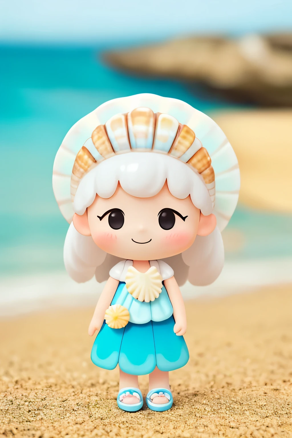 Photoreal、whole body、chibi girl、Seashell Accessories、smile、cute shoes、Picking up shells